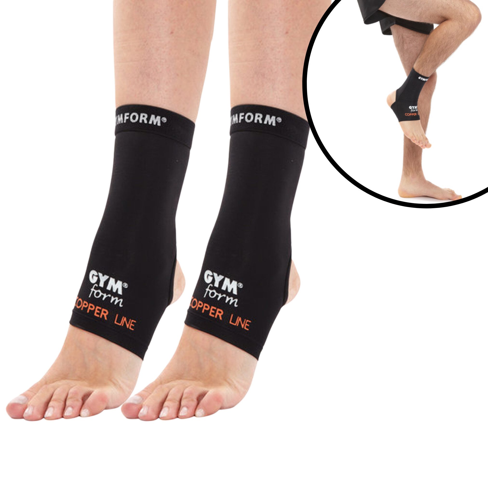 Gymform® Fußbandage Copper Line - Ankle Sleeve (Spar-Set 1er oder 2er Pack, 2-tlg., in 4 Größen - S, M, L, XL), Fusstütze - Kompressions Bandage aus Kupferfasern, atmungsaktiv