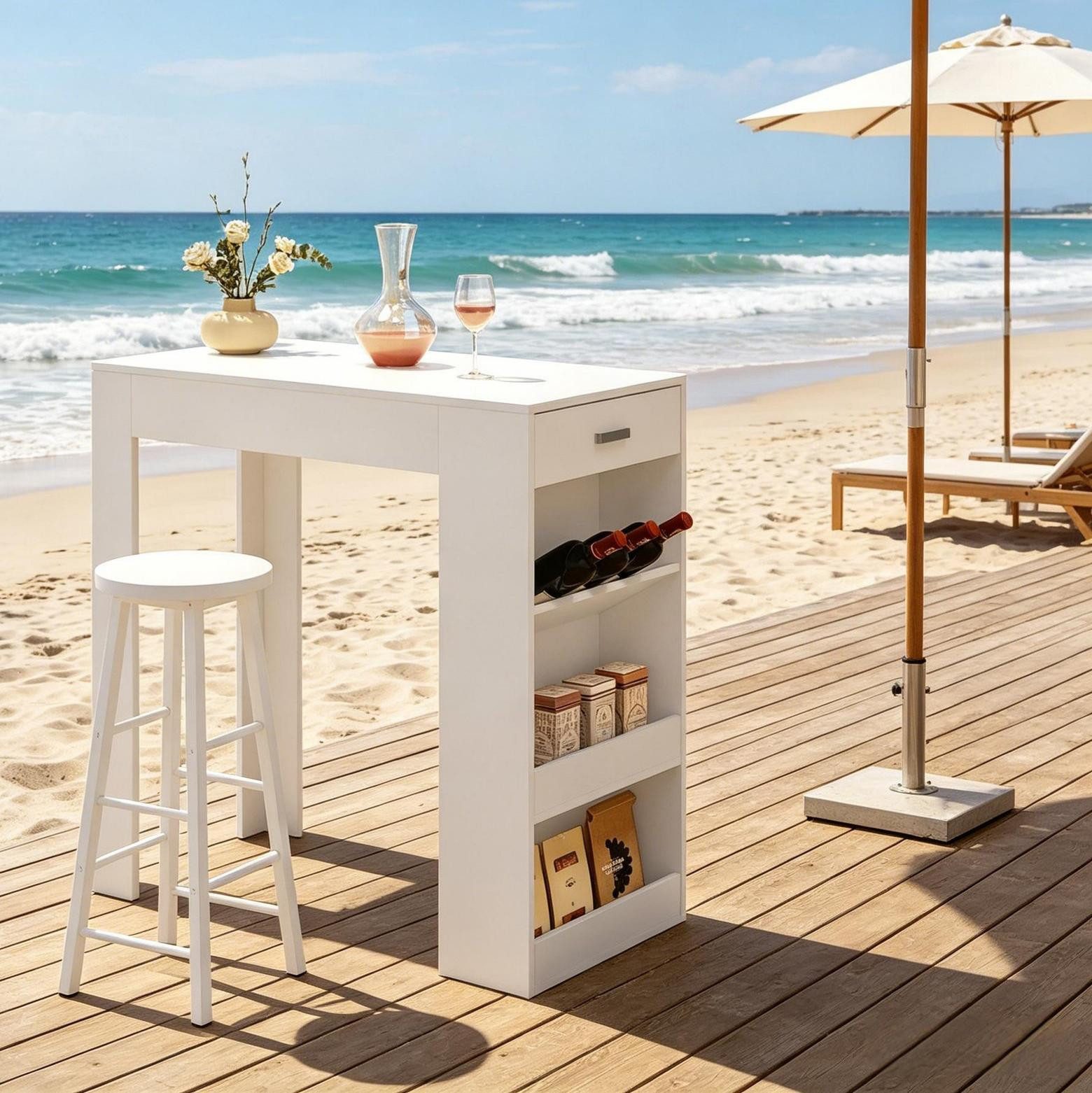 Odikalo Stehtisch Bartisch Esstisch Wohnzimmertisch mit Stauraum (Multifunktionaler Stauraum mit Schublade, Weinregal und 2 Regalen Große Tischplatte aus Massivholz für gesellige Abende Robuste Konstruktion mit 100 kg Tragfähigkeit)