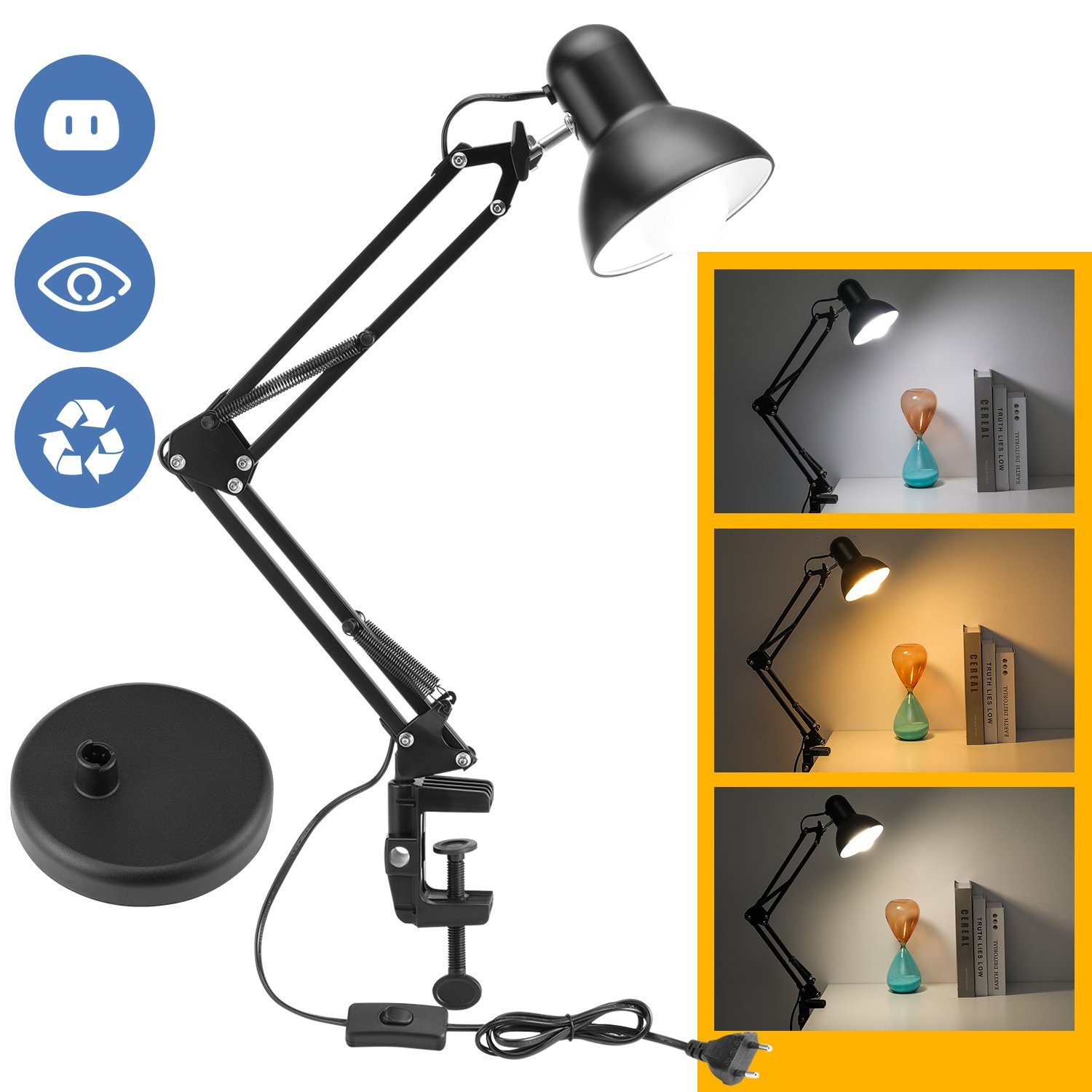 iscooter Schreibtischlampe mit LED für integriert, Gelenkarm, mit E27 Fassung, fest und Schreibtisch Schreibtischlampe, Klemmleuchte Arbeitszimmer LED verstellbare Büro, Leselampe