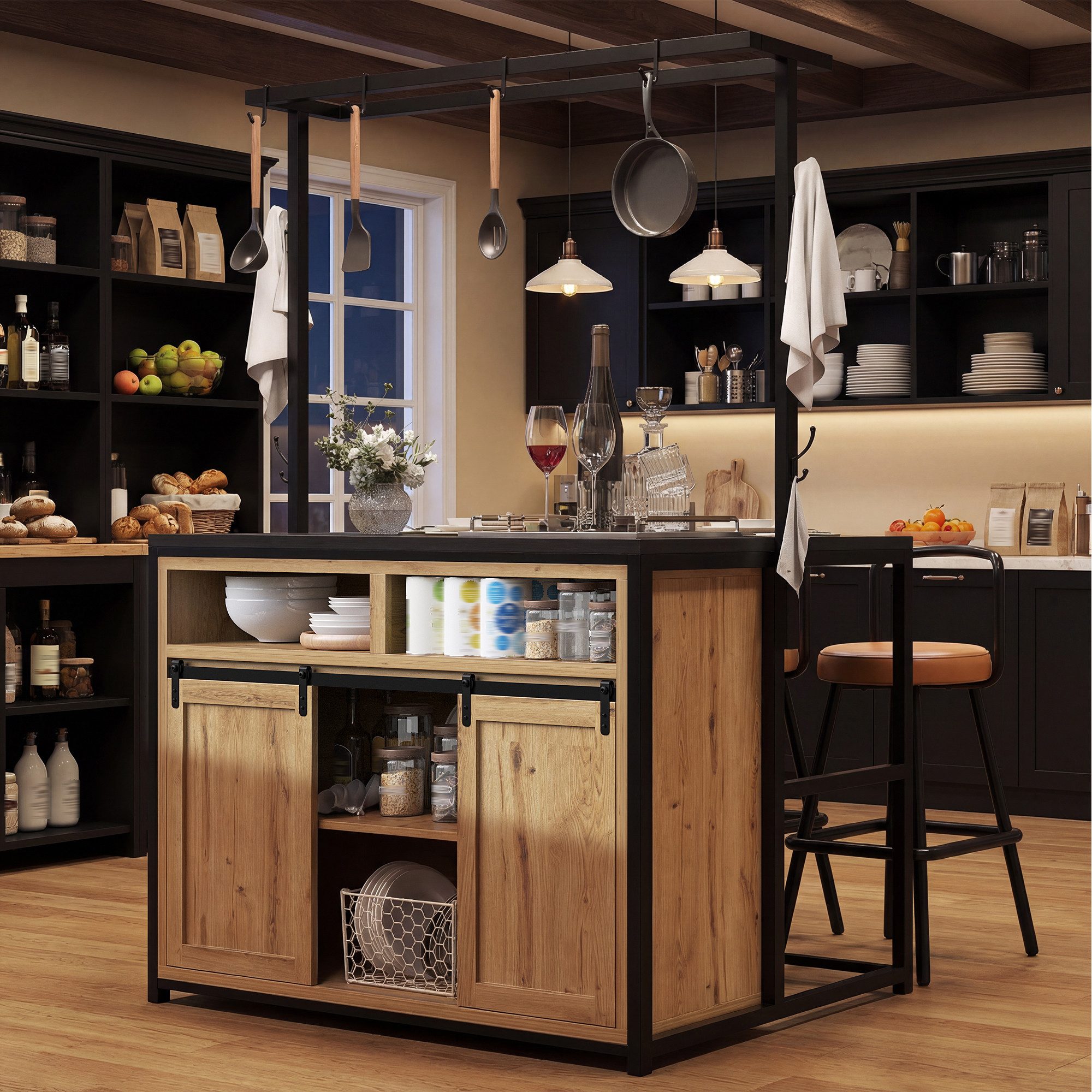 Flieks Kücheninsel 183cm hoher Küchenschrank mit Arbeitsplatte, Hängeregal & Steckdose, (107x62x183 cm), Highboard Küchenbuffet mit Schiebetüren und Haken Holzoptik Natur
