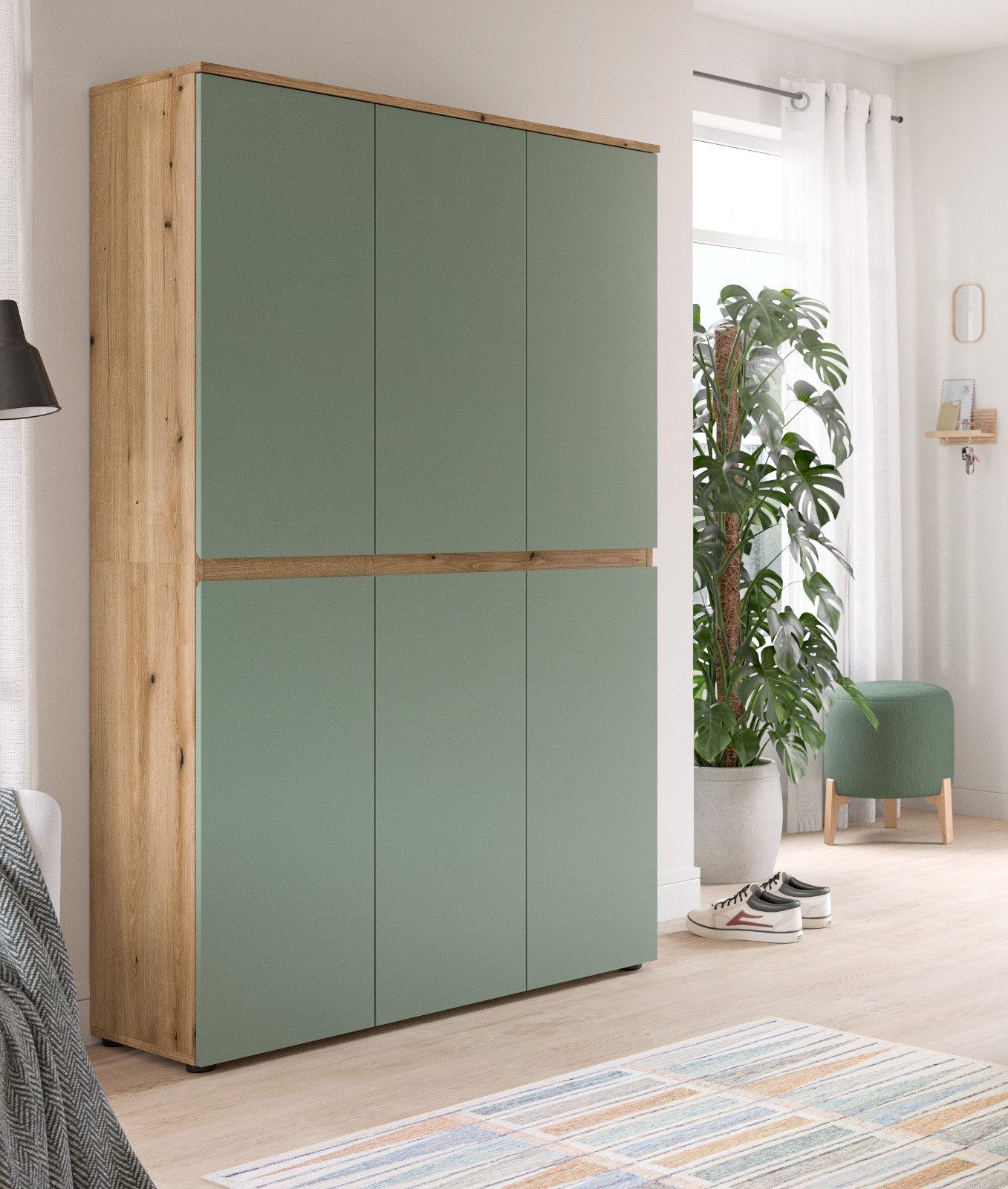 Inn.Furn Mehrzweckschrank Assino (Garderoben- und Schuhschrank in Eiche und Rauchgrün, 6-türig, 105 x 175 cm) variabel einrichtbar mit Kleiderstange und bis zu 18 Fächern