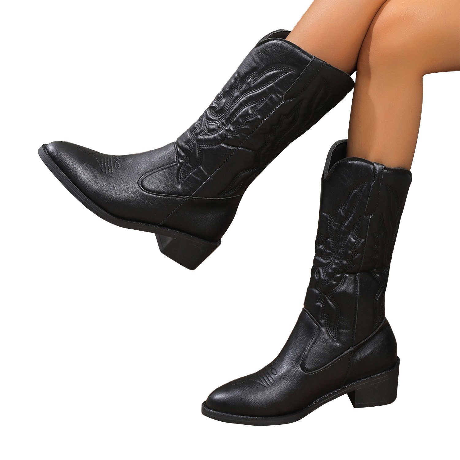 Daisred Damen Cowboy Leder Westernstiefel Slip-on Boots Chunky Heel Stiefel