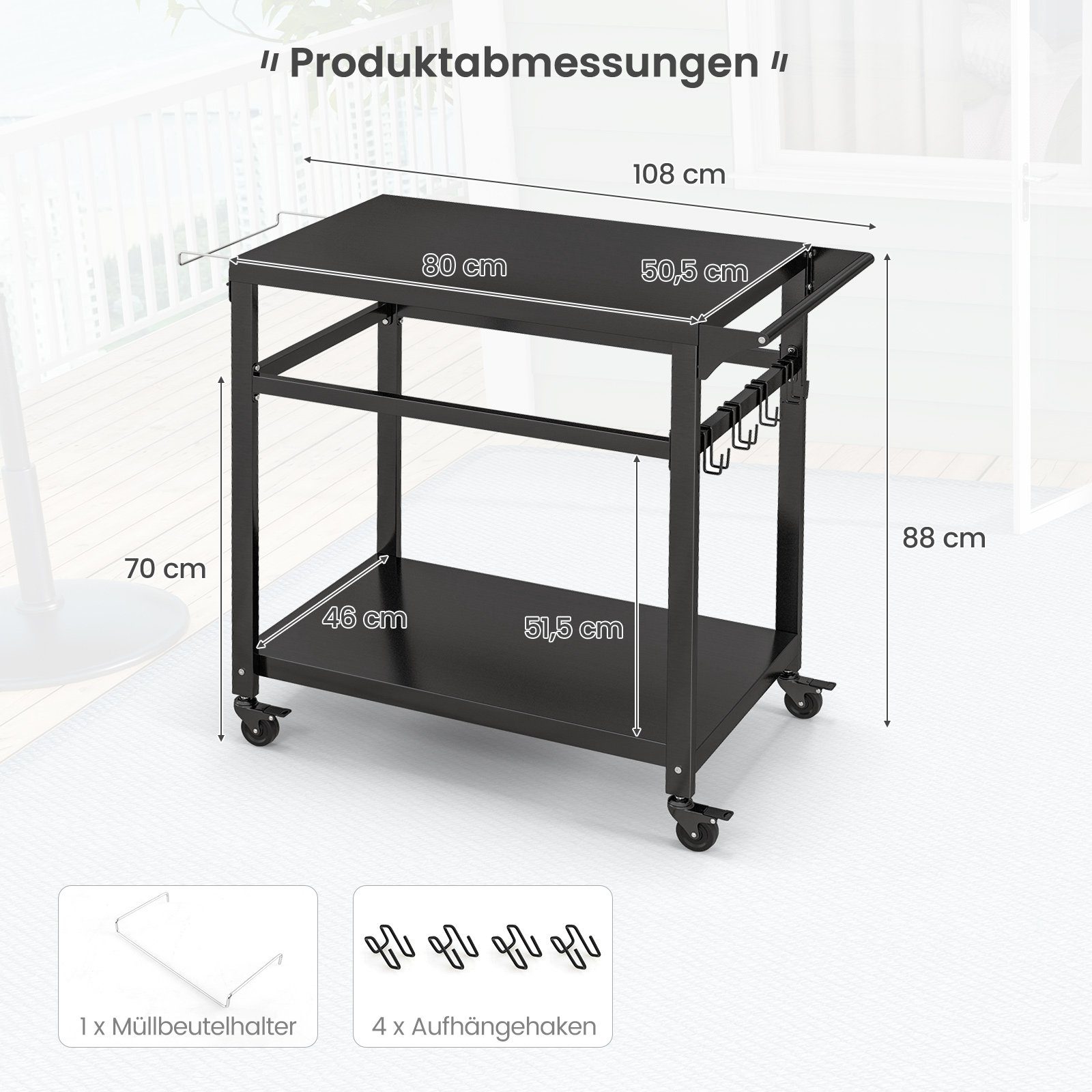 COSTWAY Grillablagetisch, mit & 108x50,5x88cm Ablagen, Haken, 2 Rollen 4