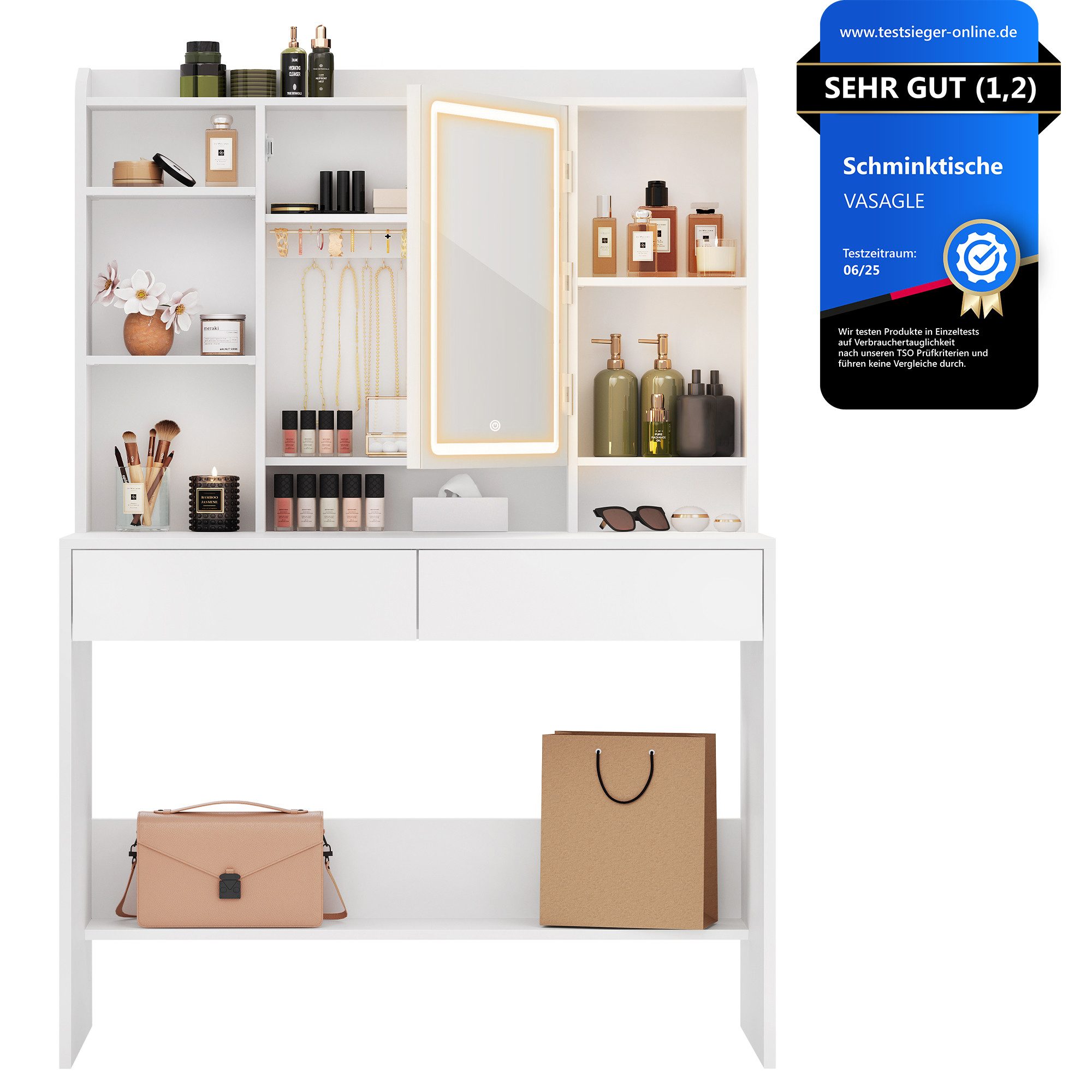 VASAGLE Schminktisch Kosmetiktisch mit LED-Beleuchtung, 3 Lichtfarben, mit verstellbaren Ablagen, 2 Schubladen, 40 x 90 x 145 cm
