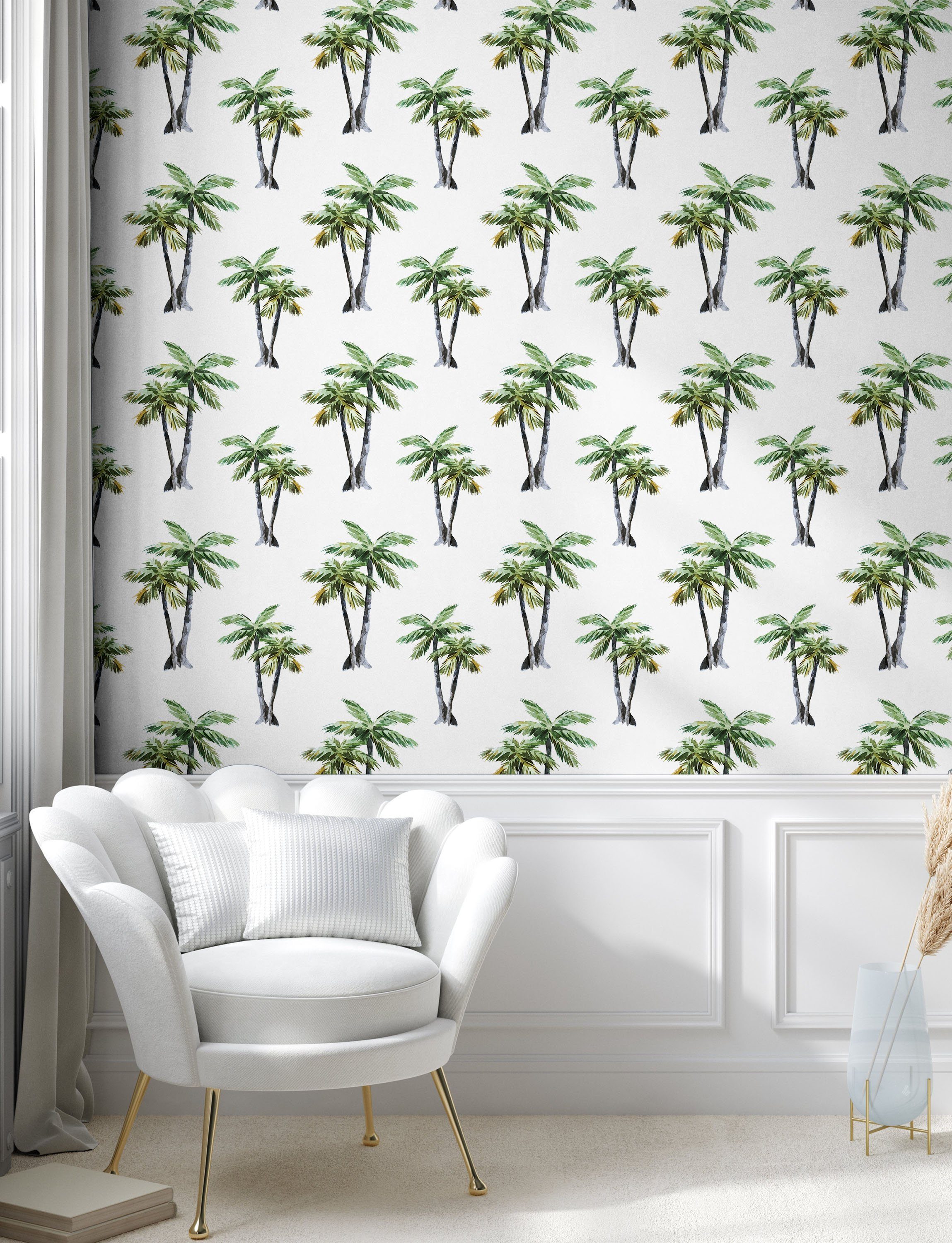 Abakuhaus Vinyltapete selbstklebendes Küchenakzent, Wohnzimmer Aquarell-Bäume Palme Kunst