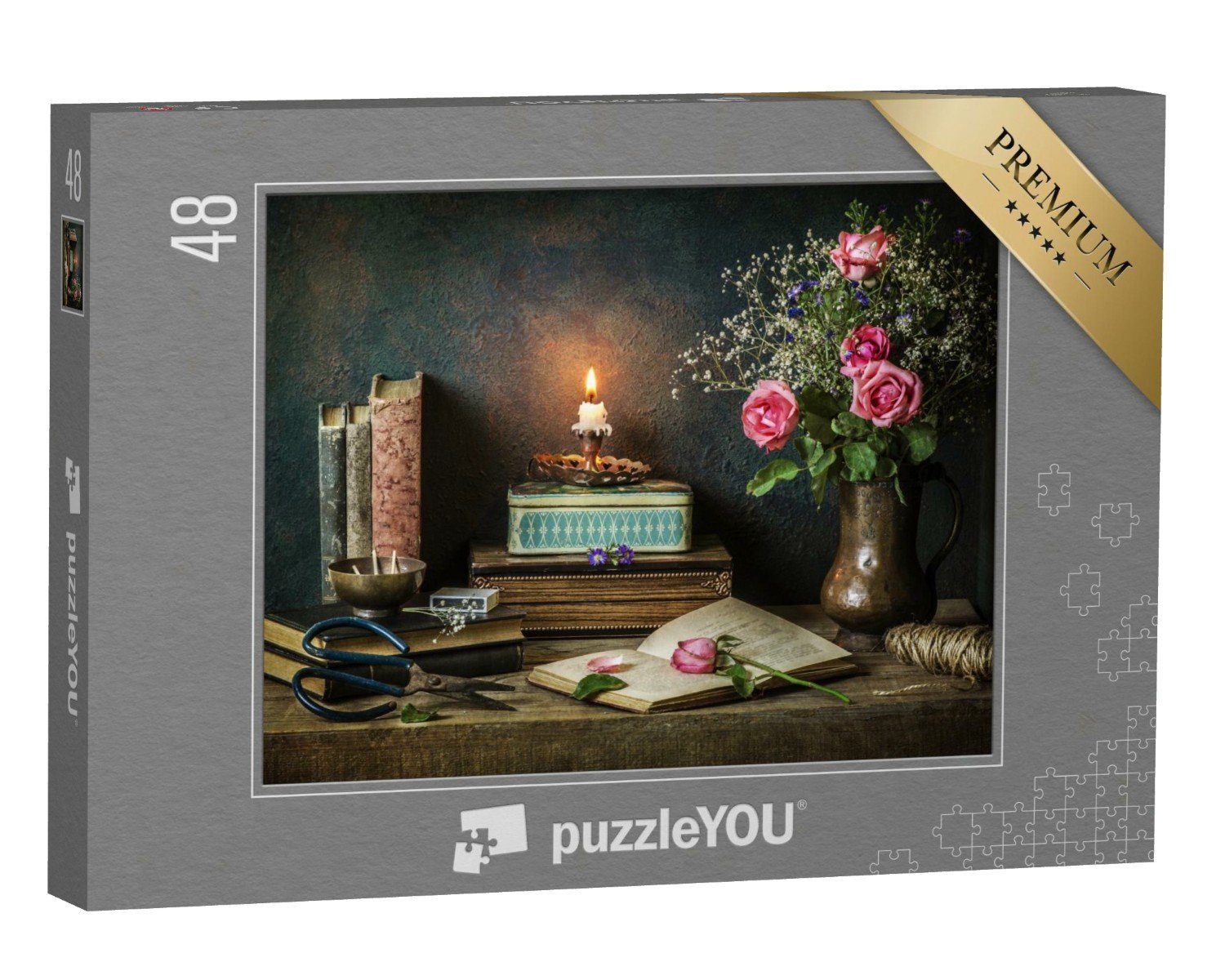 puzzleYOU Puzzle Stillleben mit alten Büchern, Boxen und Rosen, 48 Puzzleteile, puzzleYOU-Kollektionen Stillleben