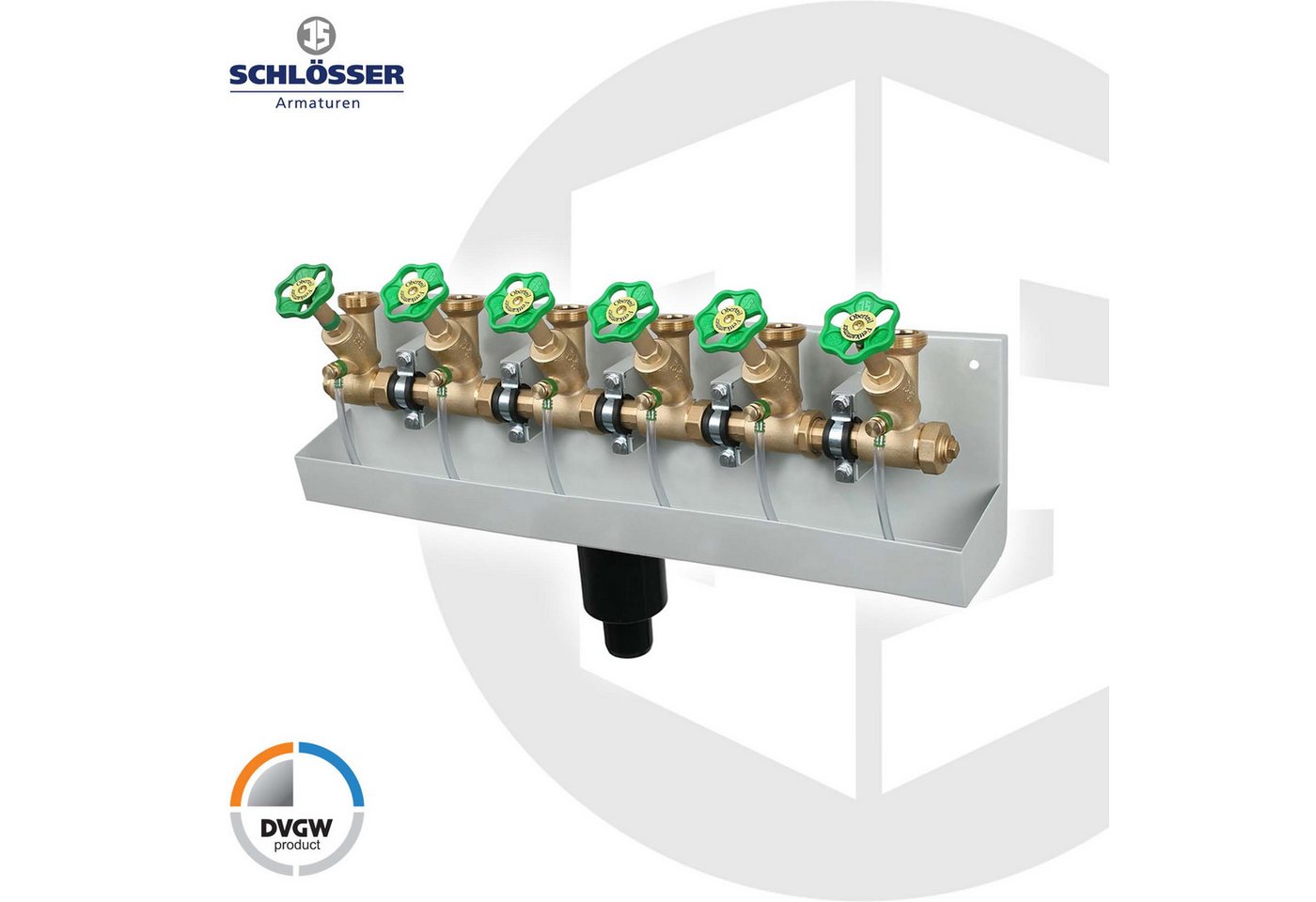 Thumbnail - Schlösser Absperrventil Kompakt-Verteilerstation DN 25/32, mit Ablaufrinne, DIN-DVGW, Messing, Zulassungen: DVGW für Tri...