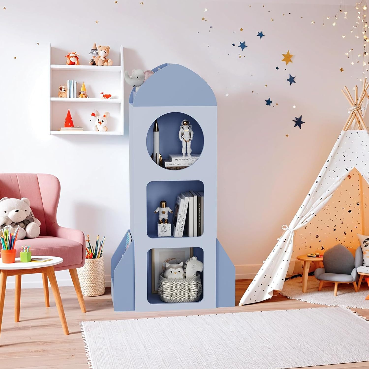 TLGREEN Bücherregal Kinderregal Spielzeugablage,120×60×31 cm, Mit 3 Ebenen 2 Seitenregalen für Kinderzimmer, Bücherregal Kinder – Bild 2 von 5