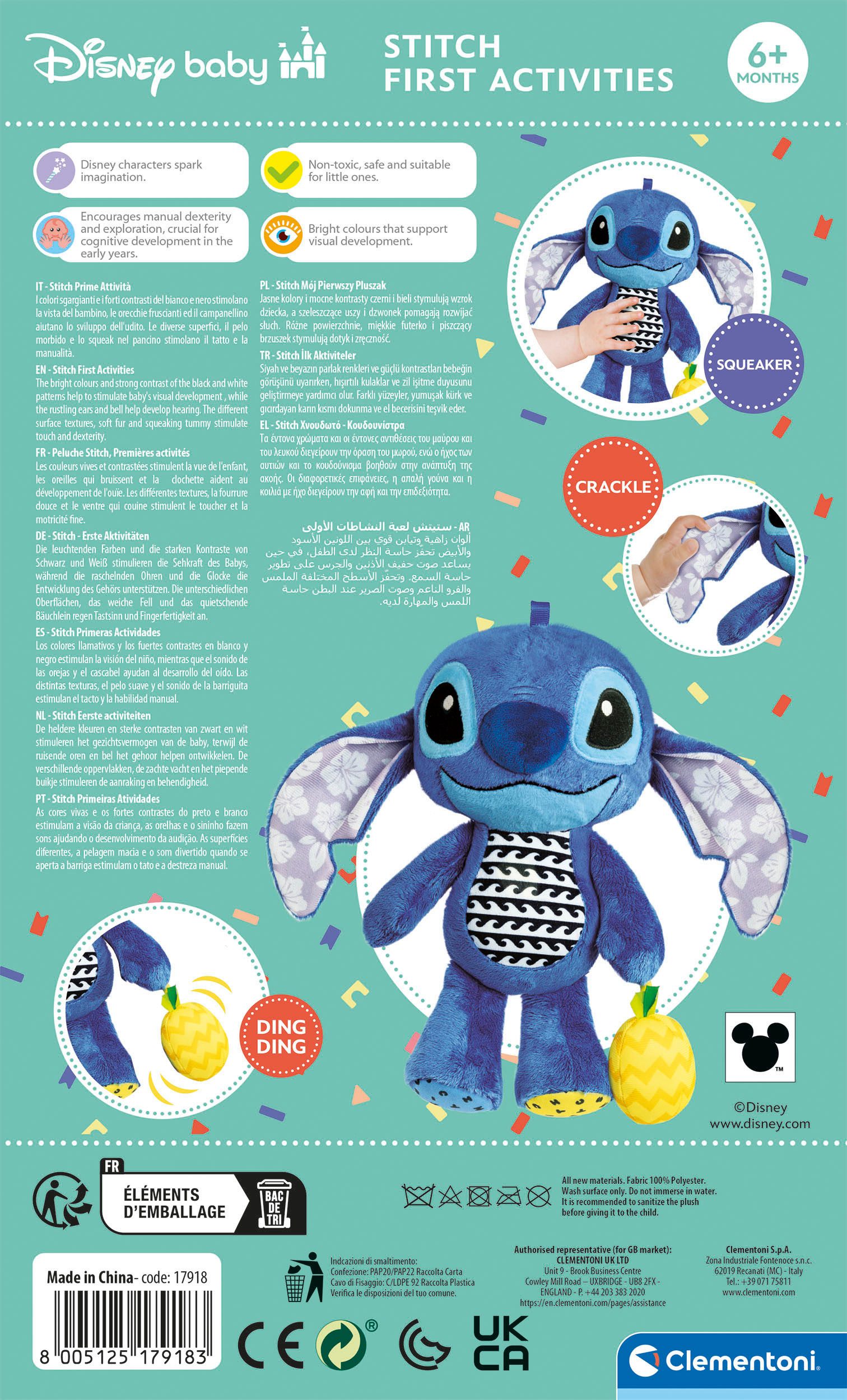 Clementoni® Plüschfigur Disney Baby, Stitch, Erste Aktivitäten, Made in Europe