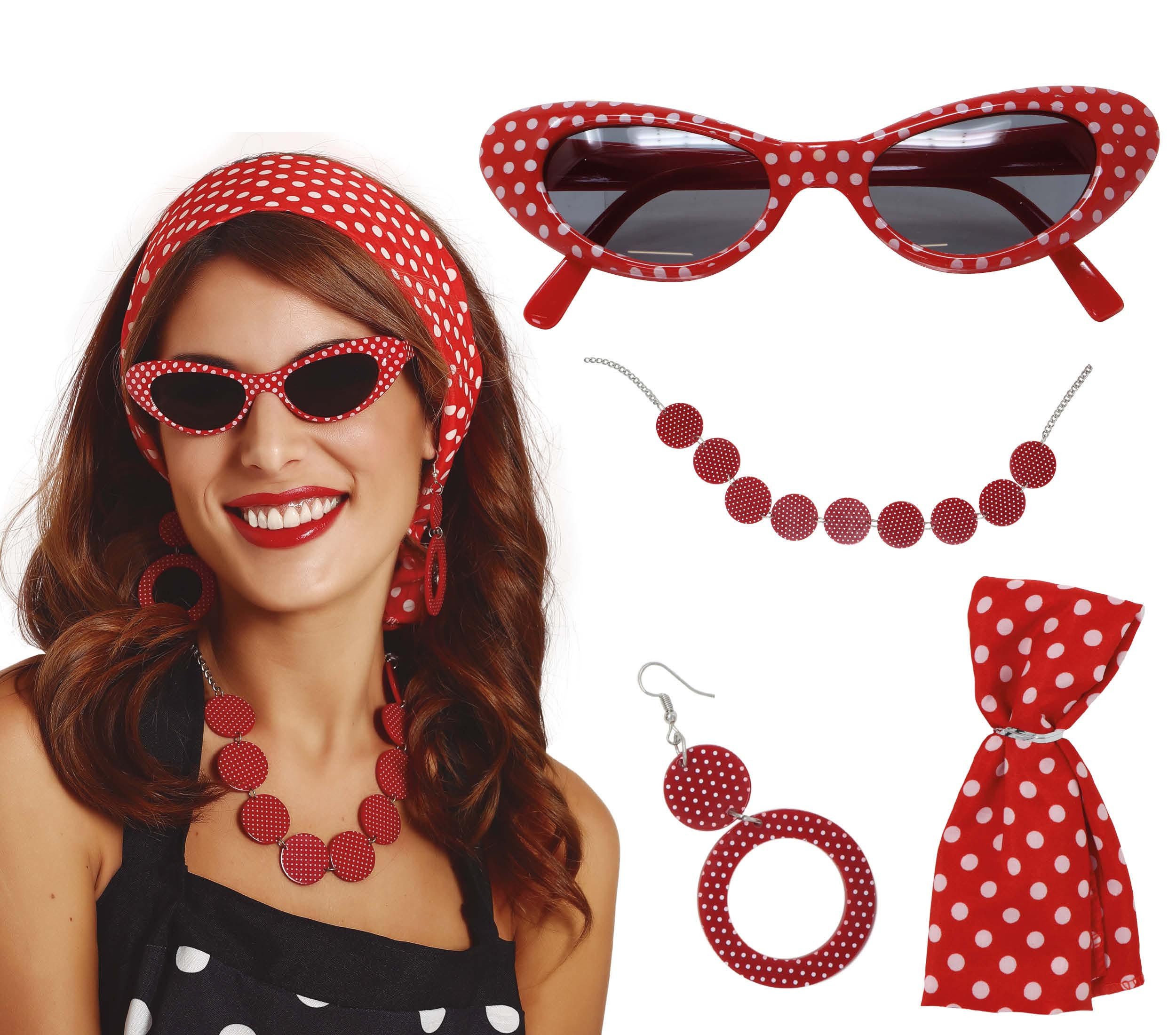 Fiestas Guirca Kostüm, 50er-Jahre Polka Dots Accessoire Set: Headband, Glasses, Earrings, Nec