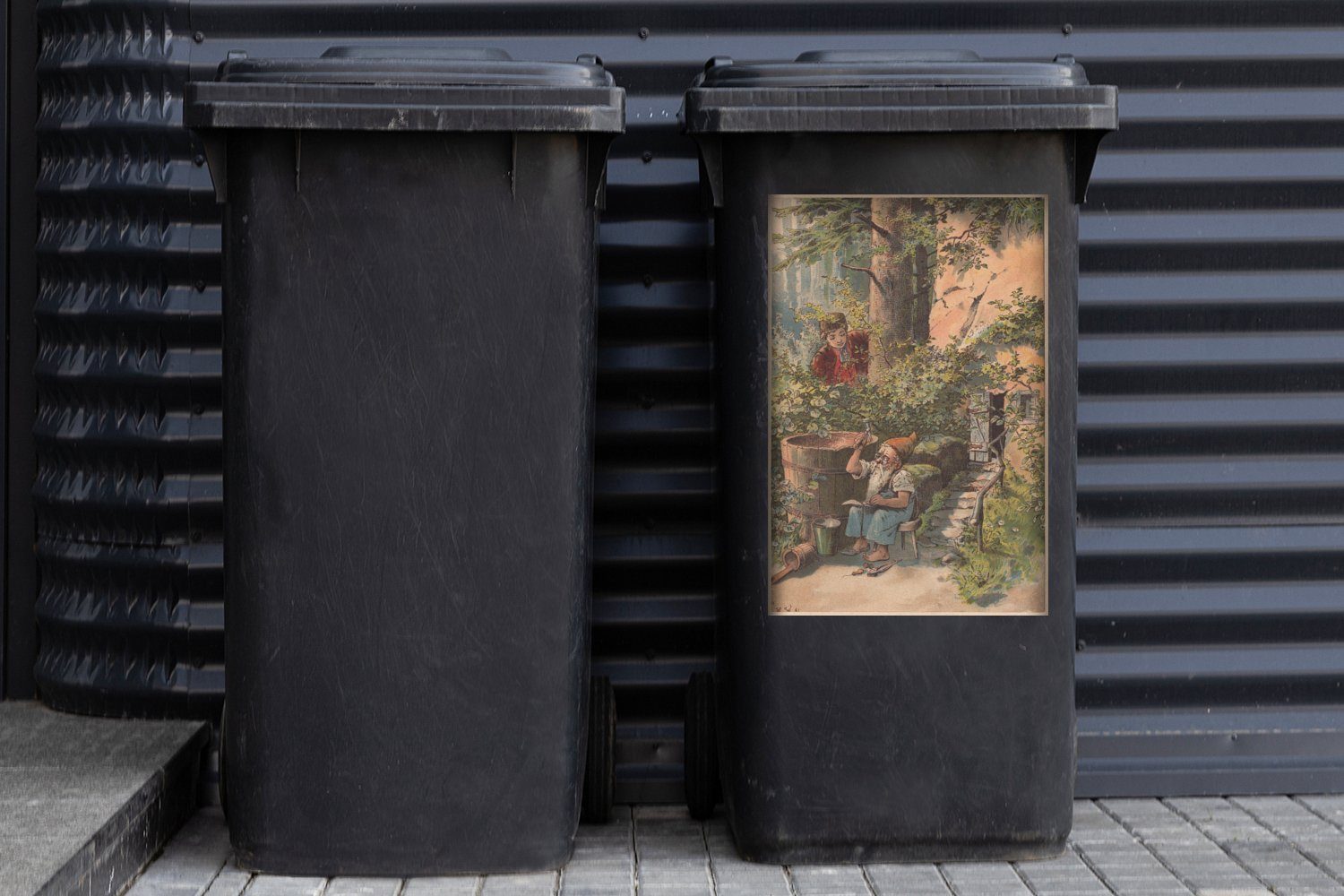 Illustration Mülltonne, Sticker, eines Gartenzwergs Abfalbehälter Container, St), Mülleimer-aufkleber, Wandsticker MuchoWow (1