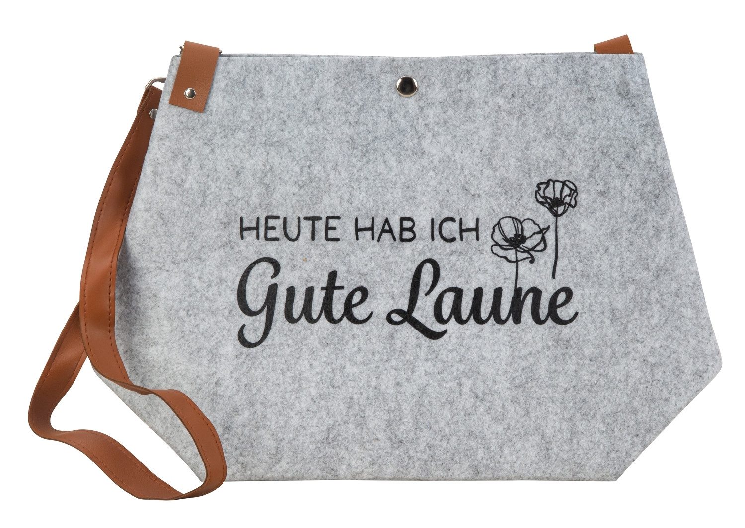 Mel-O-Design Shopper Filztasche Tragetasche aus Filz (mit der Aufschrift " Heute hab ich Gute Laune ", Einkaufsshopper Grau, mit Druckknopf), H/B/T : 30x45x18 cm
