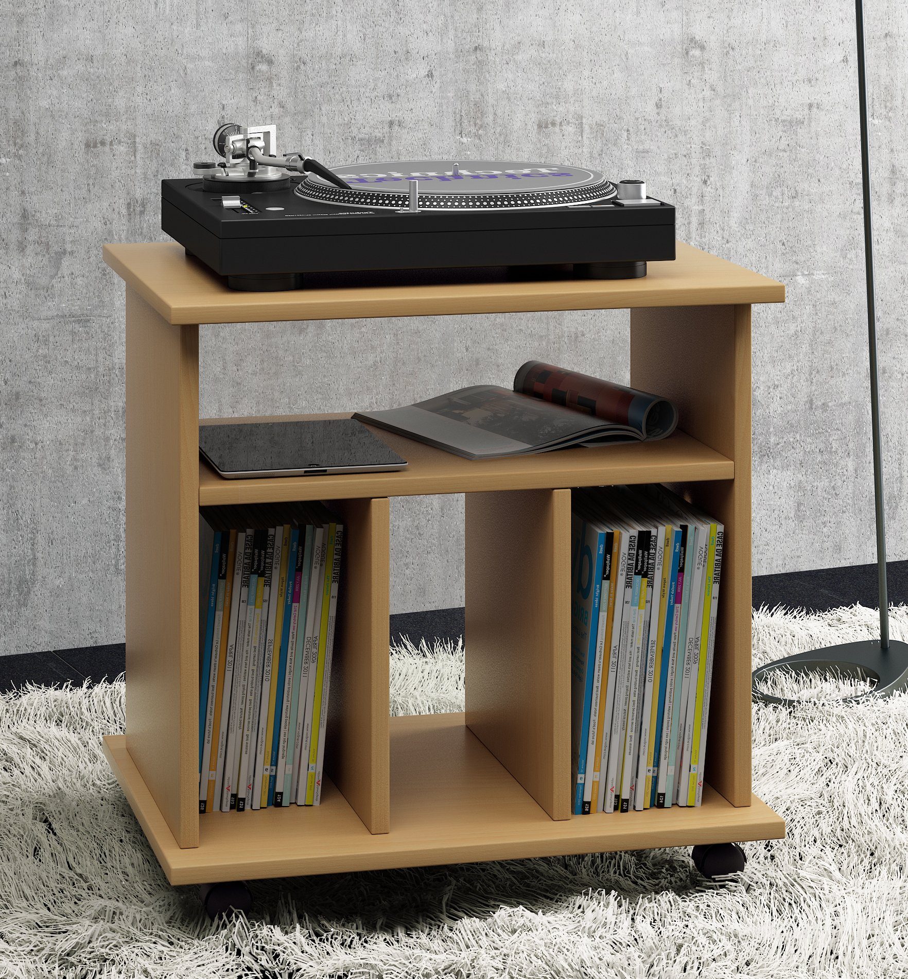 VCM TV-Rack Holz Schallplatten LP Regal Rollen Buche Retal