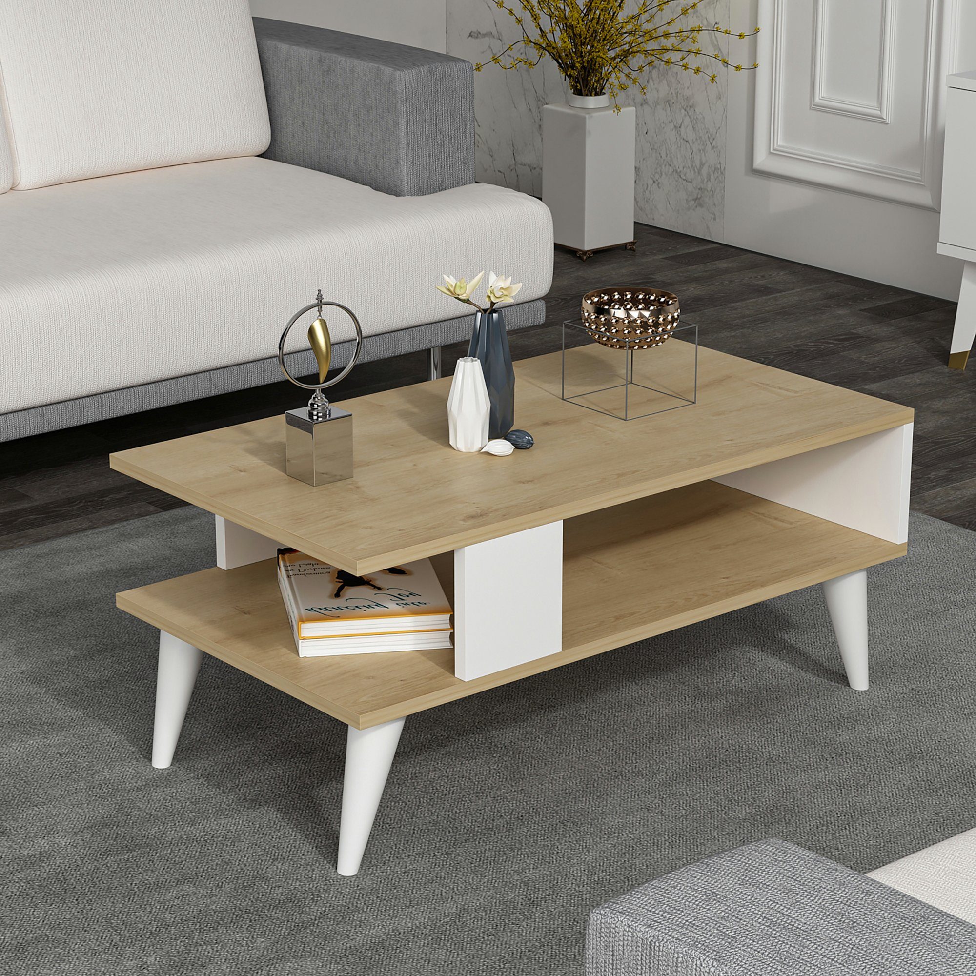 en.casa Couchtisch, »Lycksele« Wohnzimmertisch 40x90x45cm Eiche-Optik/Weiß günstig online kaufen