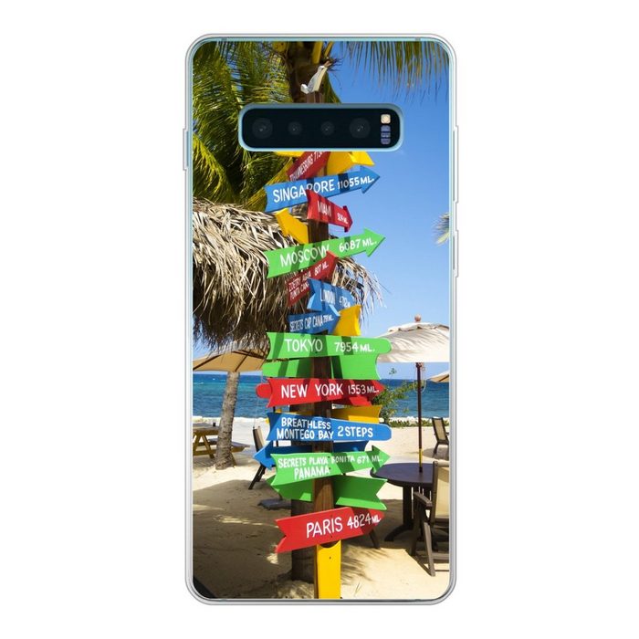 MuchoWow Handyhülle Farbiger Wegweiser mit Weltstädten am Strand in Jamaika Phone Case Handyhülle Samsung Galaxy S10+ Silikon Schutzhülle