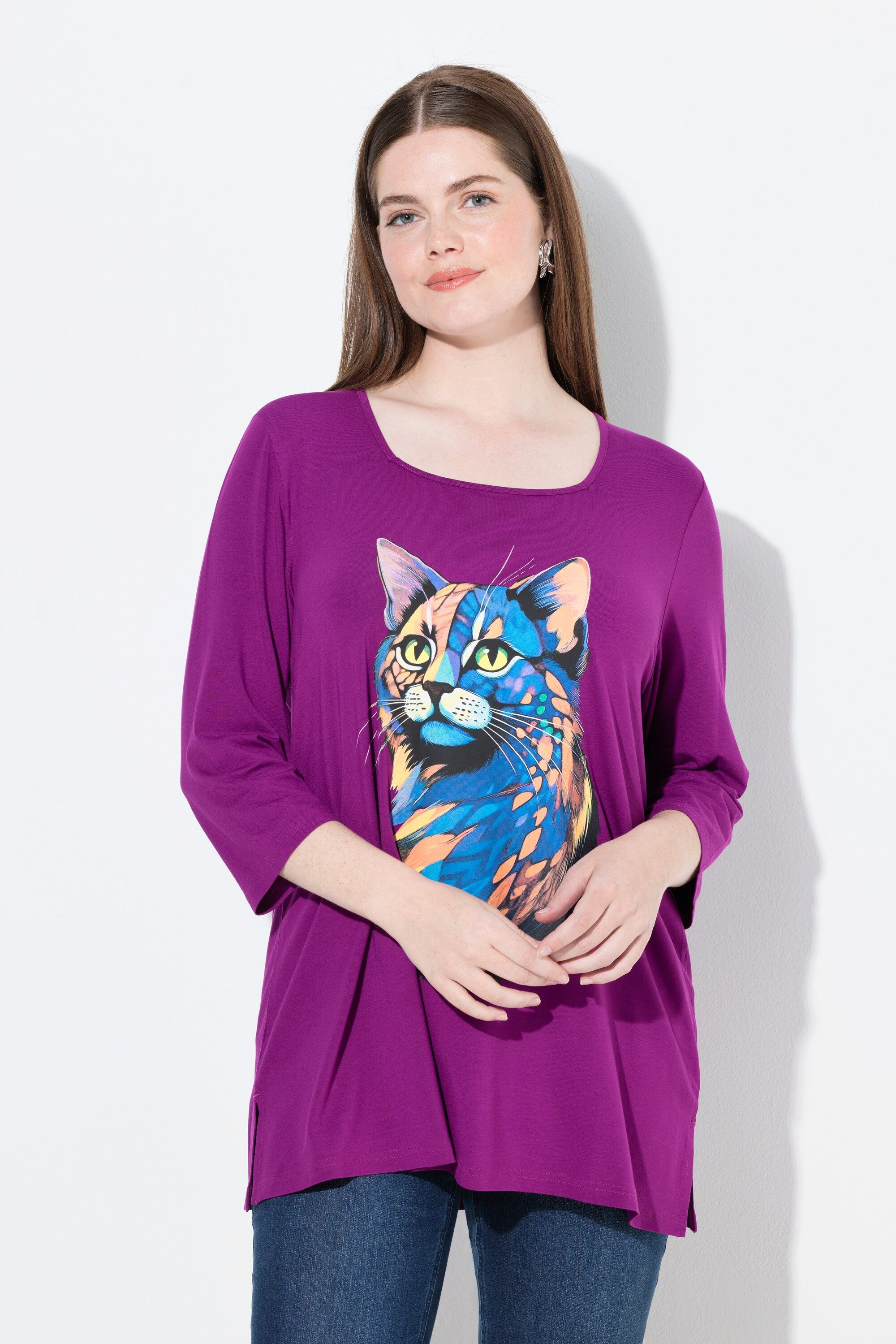Ulla Popken T-Shirt Shirt Katze A-Linie Carree-Ausschnitt 3/4-Arm günstig online kaufen
