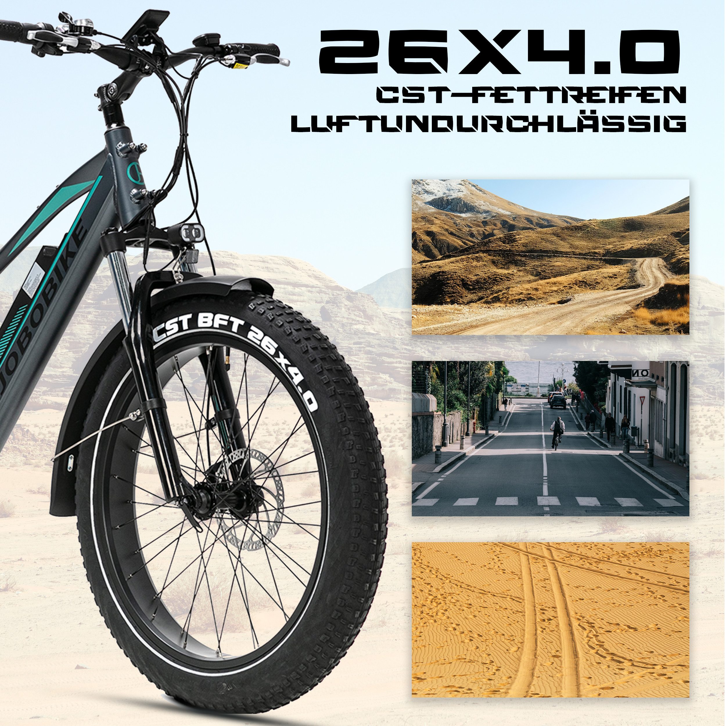 JOBOBIKE E-Bike Mountainbike 26x4,0 Zoll, Elektrofahrrad, 180km, Robin Pro, Gefederte Sattelstütze, 8 Gang Shimano, Kettenschaltung, Heckmotor, 960 Wh, Federgabel, 5 Stufen, Bremslichtfunktion, MTB, für Damen und Herren