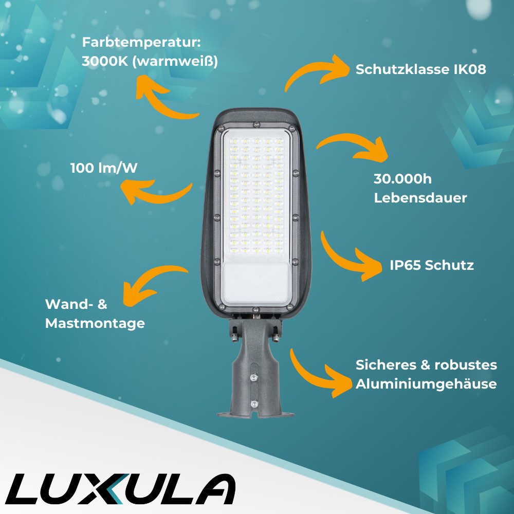 LUXULA LED Flutlichtstrahler LUXULA LED Straßenleuchte 30 W 3000 K Warmweiß Grau, LED fest integriert, Warmweiß