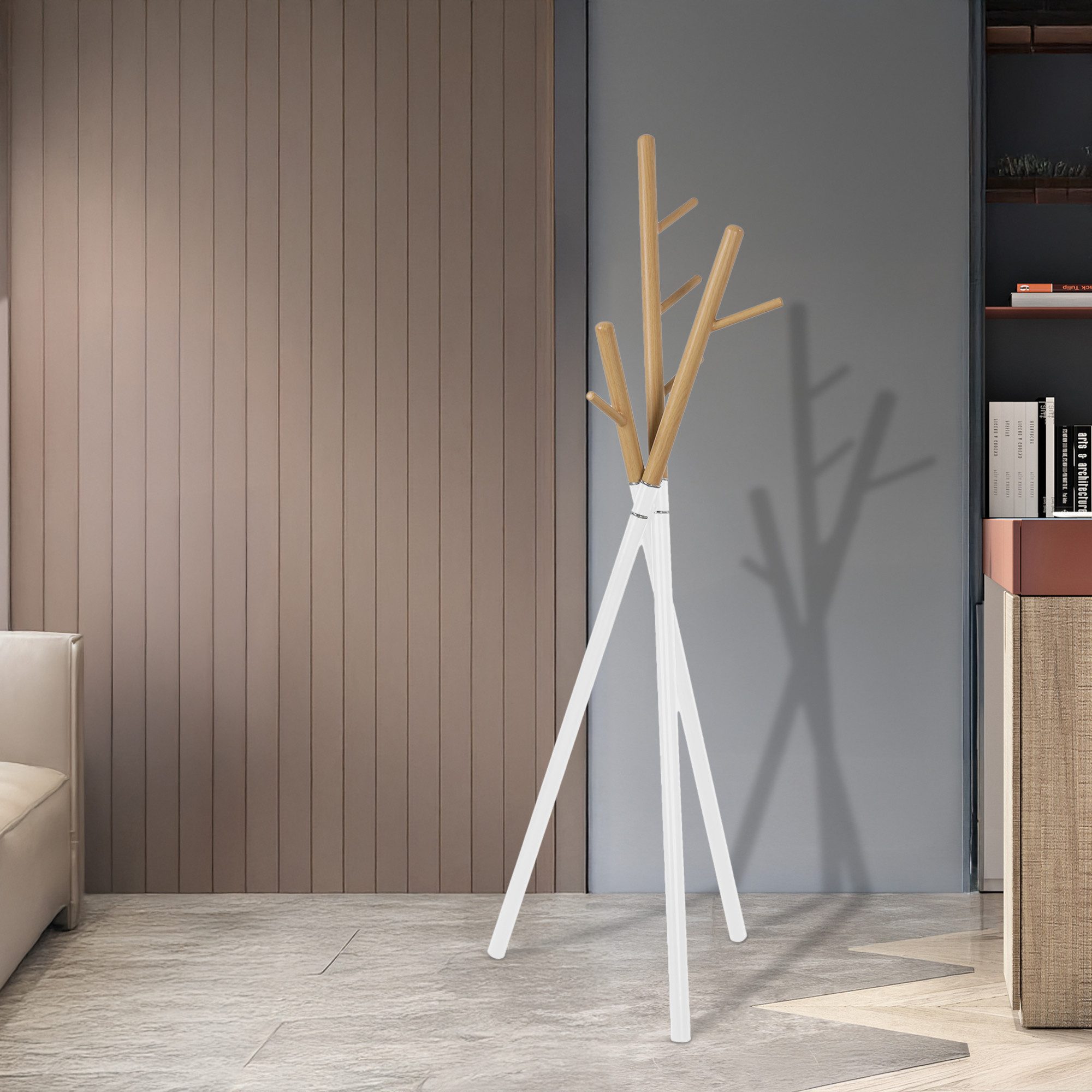 en.casa Garderobenständer, »Laerdal« 5 Haken 172x49x49 cm Baumform Weiß/Holzoptik