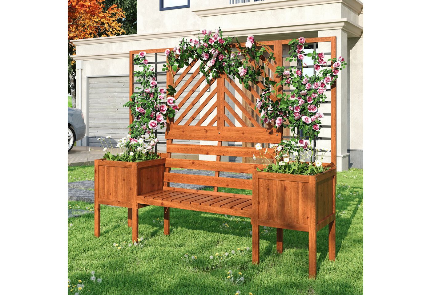Thumbnail - XDOVET Blumenkasten Pflanzgefäß aus Massivholz Tanne mit Spalier als Rankhilfe (Pflanzkübel mit Spalier und Sitz), Pflan...