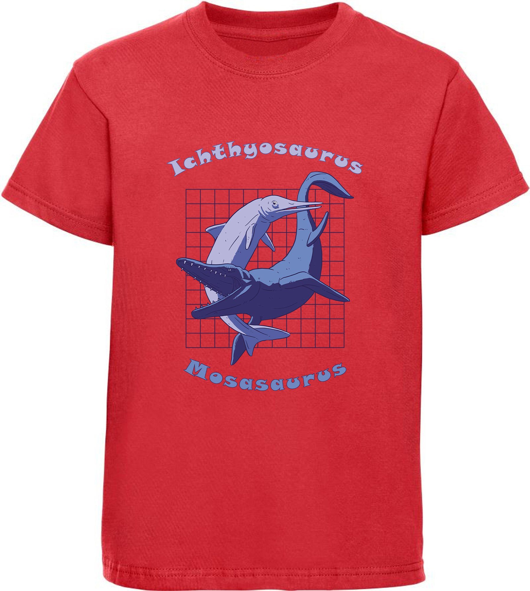 MyDesign24 Print-Shirt bedrucktes Kinder T-Shirt mit Ichthyosaurus und Mosasaurus Baumwollshirt mit Dino, schwarz, weiß, rot, blau, i89