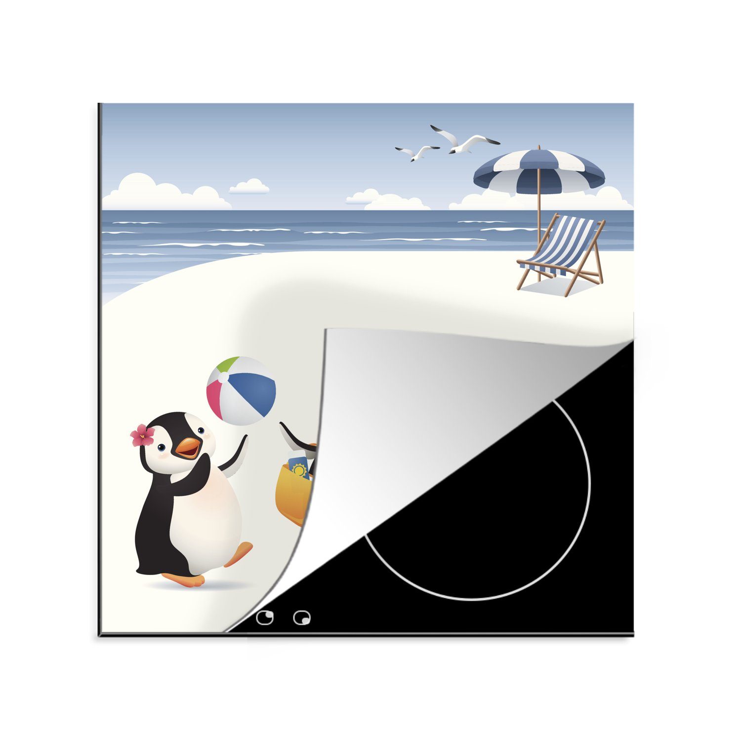MuchoWow Herdblende-/Abdeckplatte Illustration von drei Pinguinen, die am Strand spielen, Vinyl, (1 tlg), 78x78 cm, Ceranfeldabdeckung, Arbeitsplatte für küche