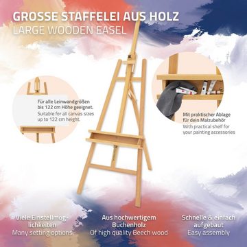 ECD Germany Staffelei Atelierstaffelei Sitz- und Standstaffelei, Groß 65x240cm Flexibel verstellbar aus Buchenholz mit Malauflage