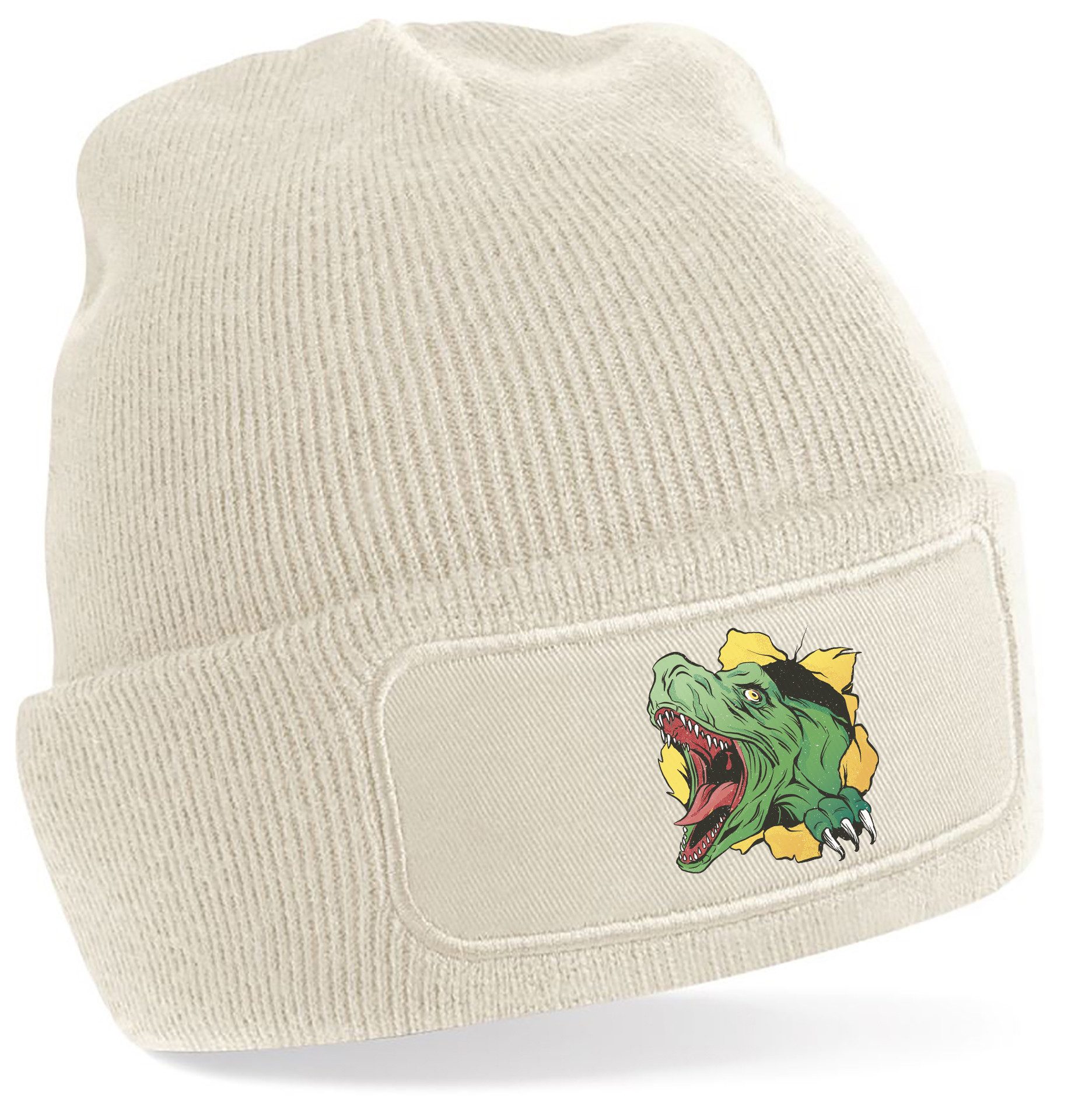 Strickmütze für kalte Tage - Beanie mit Umschlag und T-Rex Print