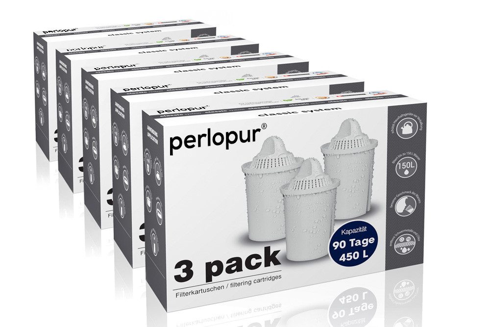PerloPur Kalk- und Wasserfilter Classic Filterkartuschen Universal Pack 15 für Glasfilter und Fashion, Zubehör für Brita Classic u. PearlCo Classic