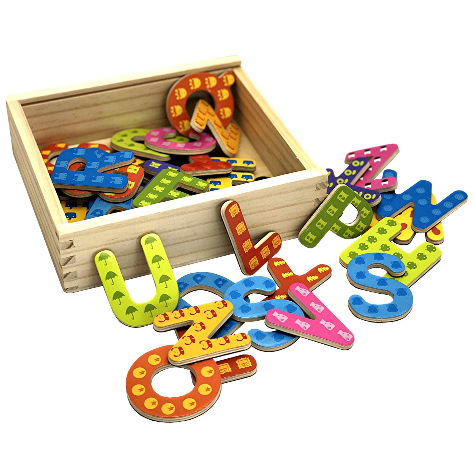 TikTakToo Magnettafel Magnetische Buchstaben in Holzkiste – ABC-Lernspiel mit Anlautbildern, (37-tlg), Magnetisch beschichtet, Praktische Holzkiste, Pädagogisch wertvoll