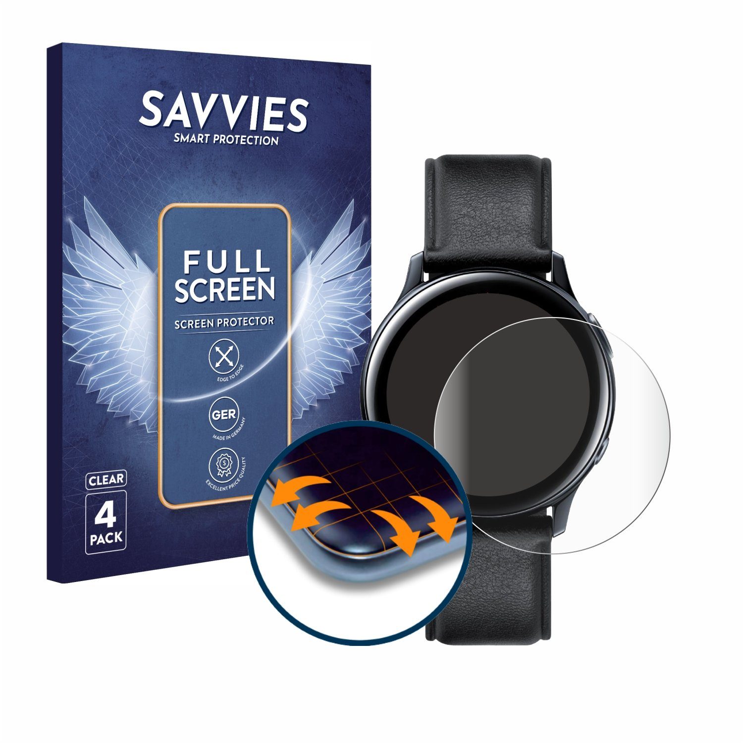 Savvies Displayschutzfolie Fullscreen Schutzfolie für Samsung Galaxy Watch Active 2 (40mm), 4 Stück, Displayschutz Folie Fullcover Klar Transparent