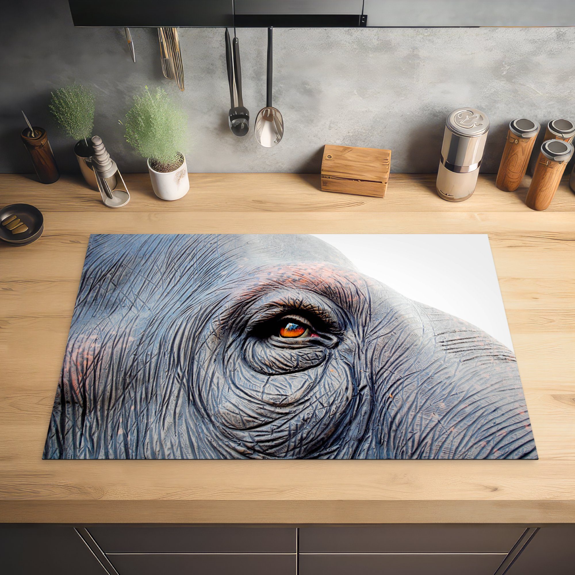 Augen MuchoWow die (1 Elefant Schutz Induktionskochfeld - - für cm, Braun, 81x52 tlg), Ceranfeldabdeckung Vinyl, Herdblende-/Abdeckplatte küche,