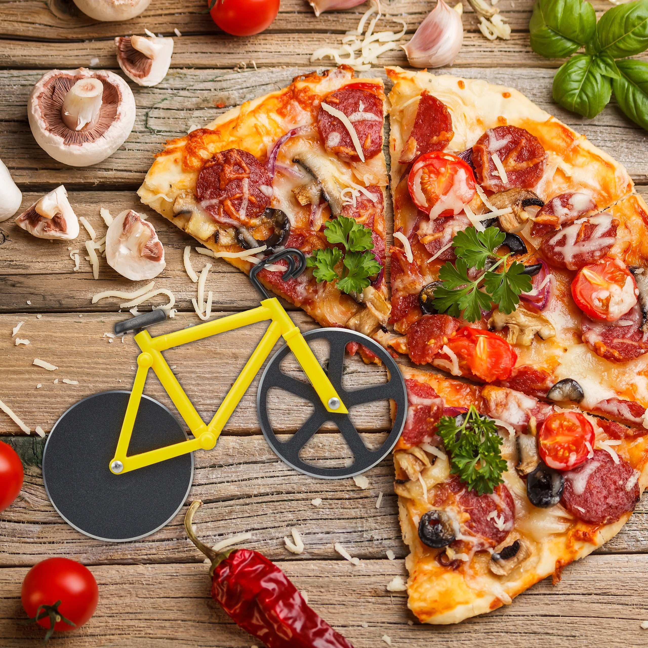 relaxdays Pizzaschneider Fahrrad Pizzaschneider, gelb – Bild 2 von 5