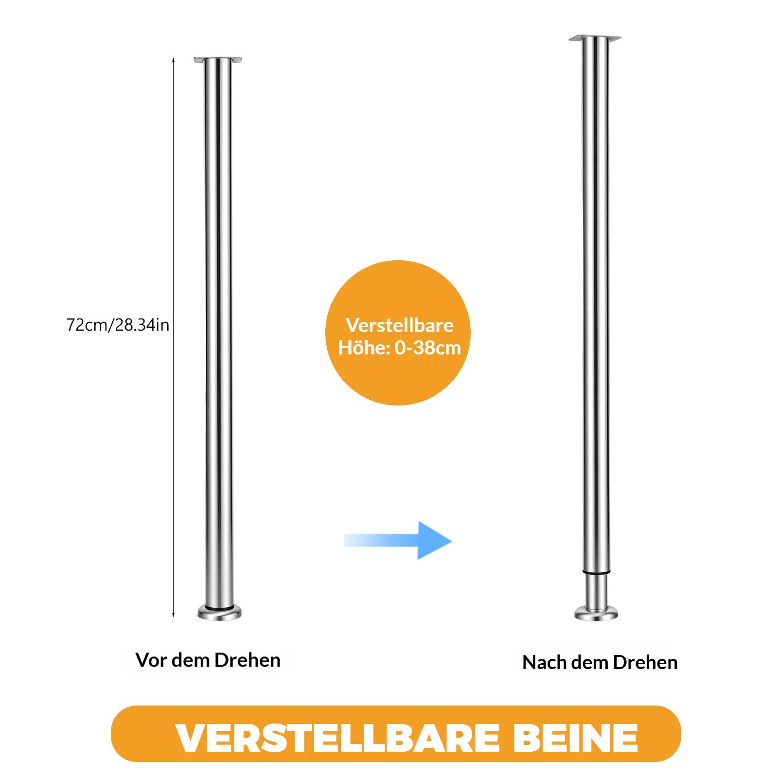 BlingBin Möbelfuß Höhenverstellbare Tischbeine Edelstahl, rutschfest, robust & langlebig, (2er Set, 2-St., Verstellbare Tischbeine 720–1100 mm, Ø50 mm), Möbelbeine zur Erhöhung von Küchentischen