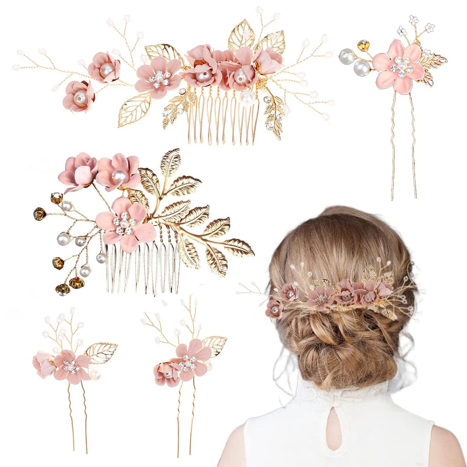 ZEUOPQ Diadem 5 Stück Hochzeit Haarschmuck, Brautschmuck Haarkamm (Hochzeits-Vintage-Haarkamm-Set mit Floralem, 1-tlg., Braut Blume Hochzeit Haar Karten), Frauen Haar-Accessoire geeignet für Geburtstagsfeiern, Hochzeiten