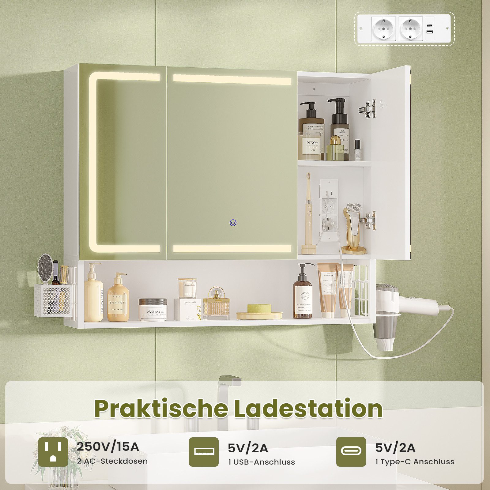 MSMASK Badezimmerspiegelschrank mit LED-Beleuchtung & Steckdose, Spiegelschrank (1-St) 3 Türen, 1 offener Einlegeboden, 80×16×70 cm, Weiß – Bild 5 von 5