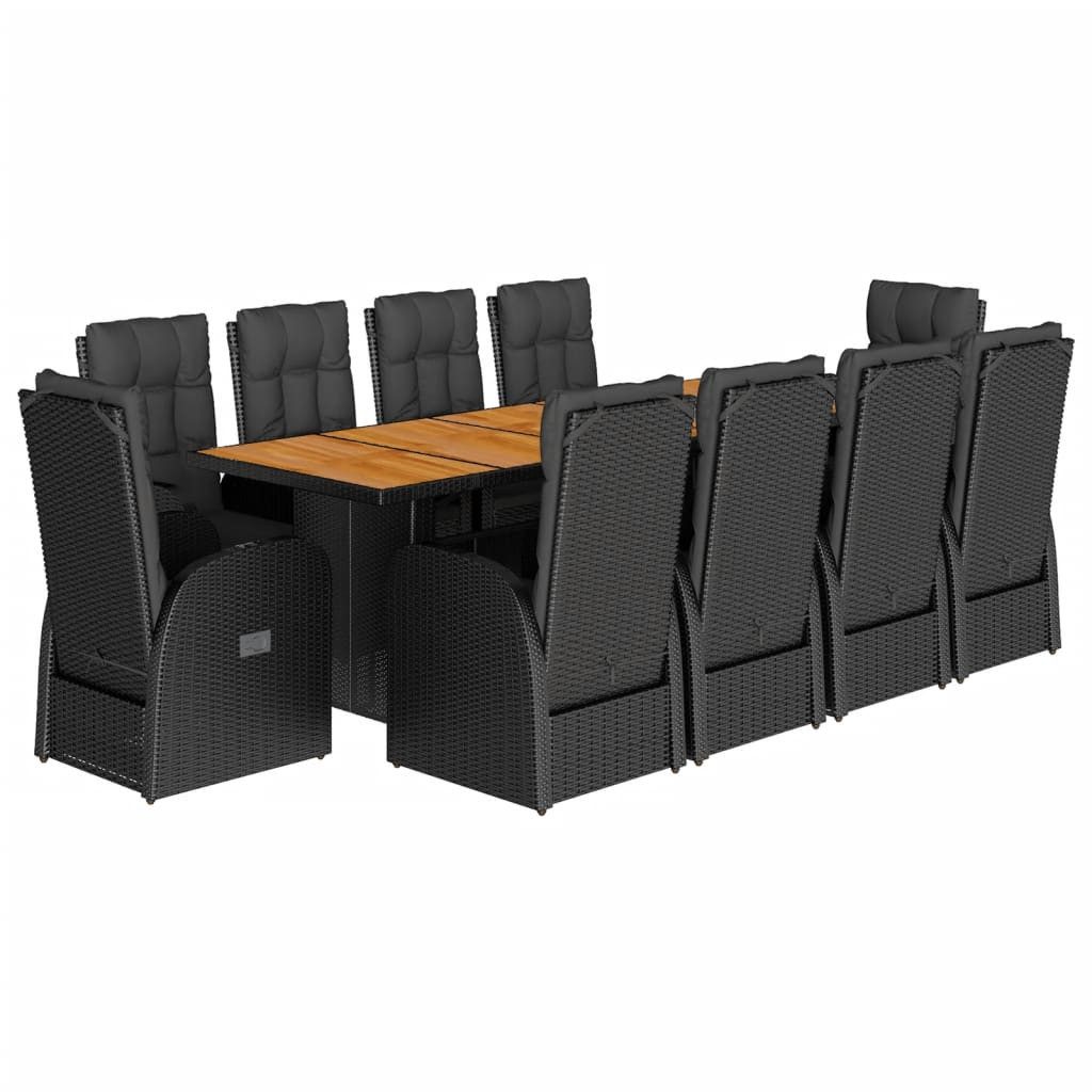 vidaXL Garten-Essgruppe 11-tlg. Garten-Essgruppe mit Kissen Schwarz Poly Rattan, (10-tlg)