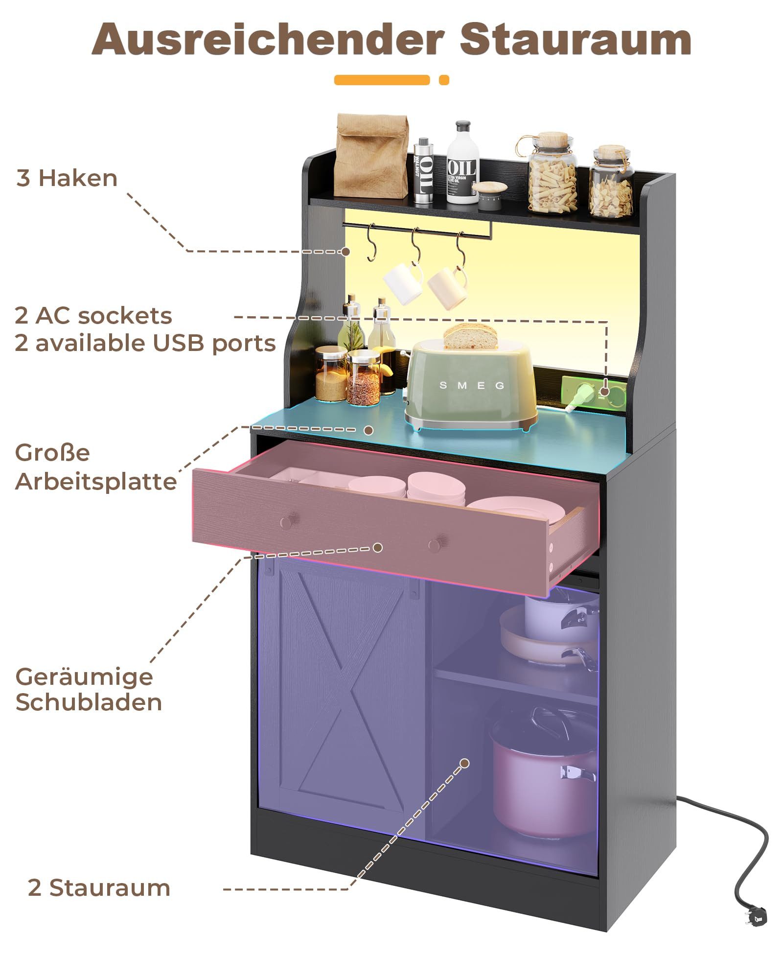 MSMASK Sideboard Küchenschrank Mehrzweckschrank mit LED und Steckdose, mit Große Schublade, 3 Hakens, Verstellbaren Ablagen, 70 *40 *134 cm