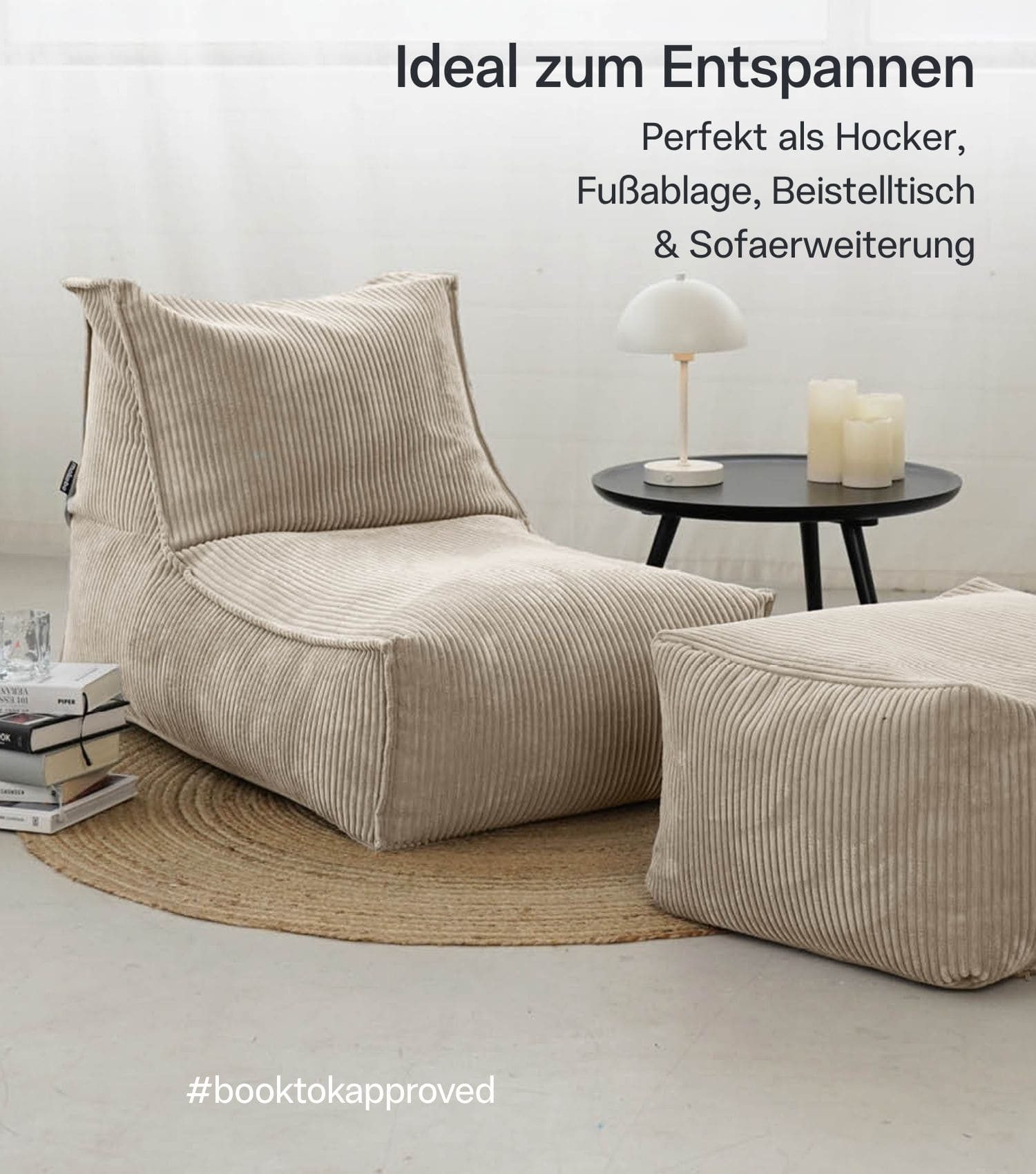 mokebo Pouf Cord Pouf 'Block' Hocker (aus Cordstoff), Made in Germany, Sitz-Hocker, Bodenkissen, Fußhocker eckig in Beige – Bild 4 von 5