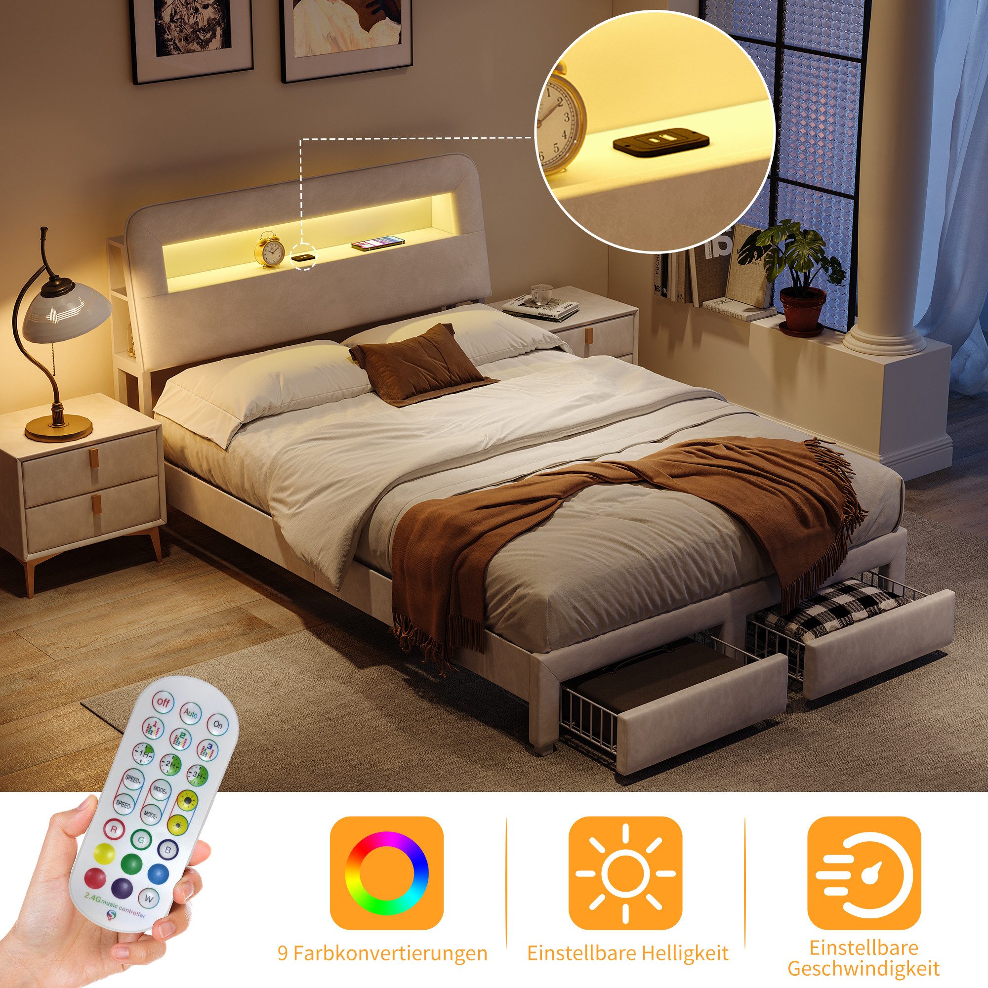 PXloue Stauraumbett Polsterbett mit Stauraum (Doppelbett 140x200 cm (USB-Ladeanschluss), 2 Schubladen, mit stabilem Lattenrost & gepolstertem Kopfteil