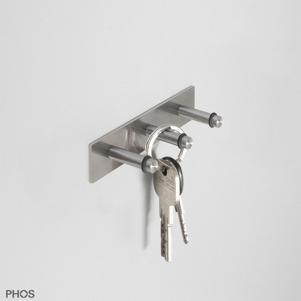 PHOS Design Schlüsselbrett und vielseitige Hakenleiste aus Edelstahl zur Wandmontage, (Modell: HLSB3), inkl. 3 Haken, verschraubt - 100% Made in Germany