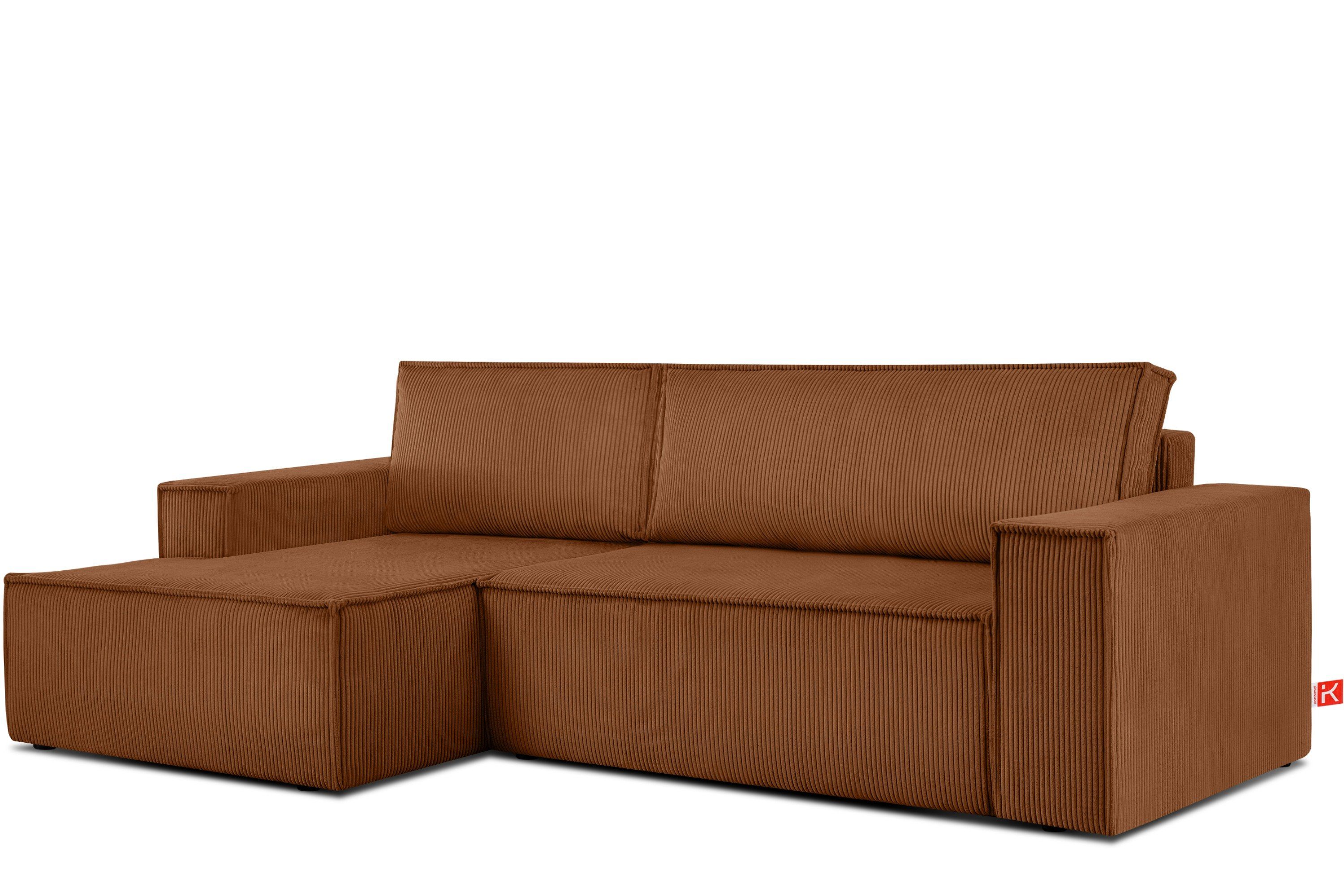 Schlaffunktion, der Friendly Ecksofa in Ecksofa hergestellt EU, mit Pet Cord-Stoff Konsimo in NAPI orange links,