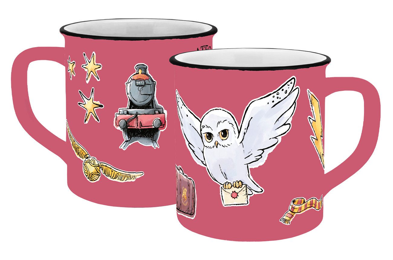 Geda Labels GmbH Tasse HP Watercolor World rot Emaille-Optik 400ml, Keramik, Rosa, 400ml, spülmaschinengeeignet