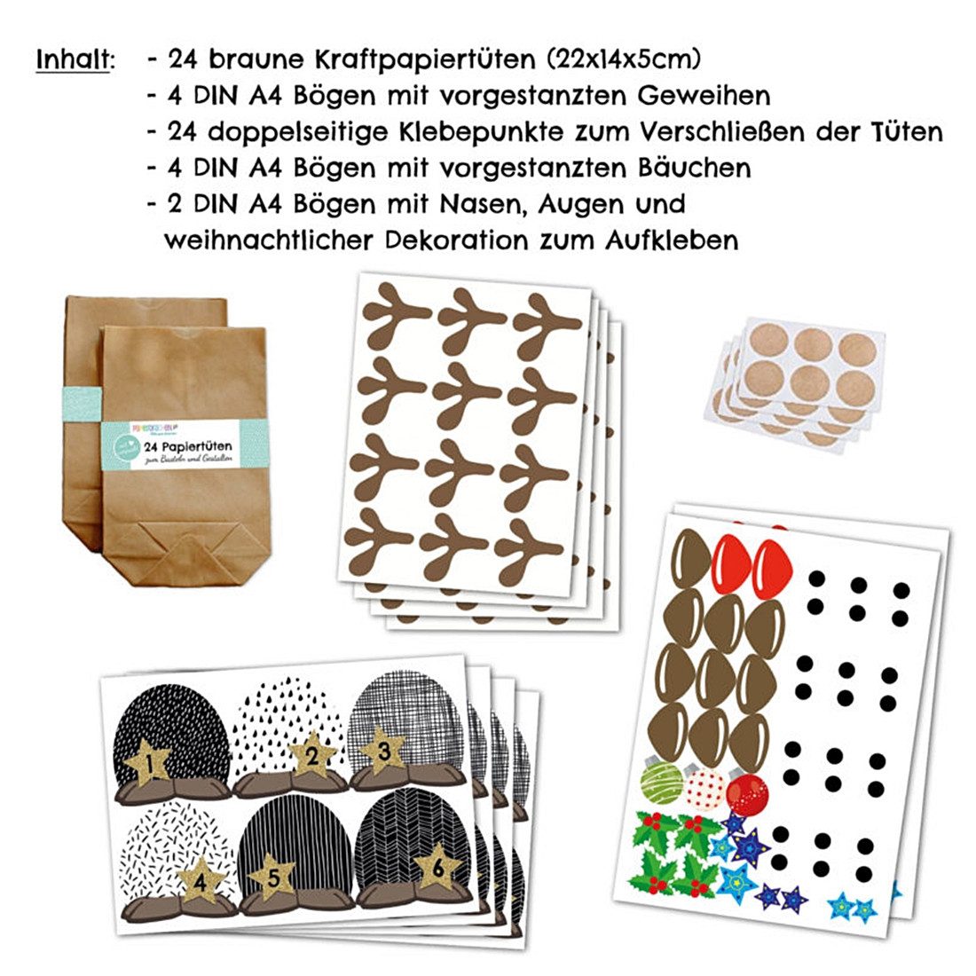 PAPIERDRACHEN befüllbarer Adventskalender Set RENTIERE mit Papiertüten, Zahlenaufklebern, Bäuche/Augen etc., 4 verschiedene Farb-Varianten