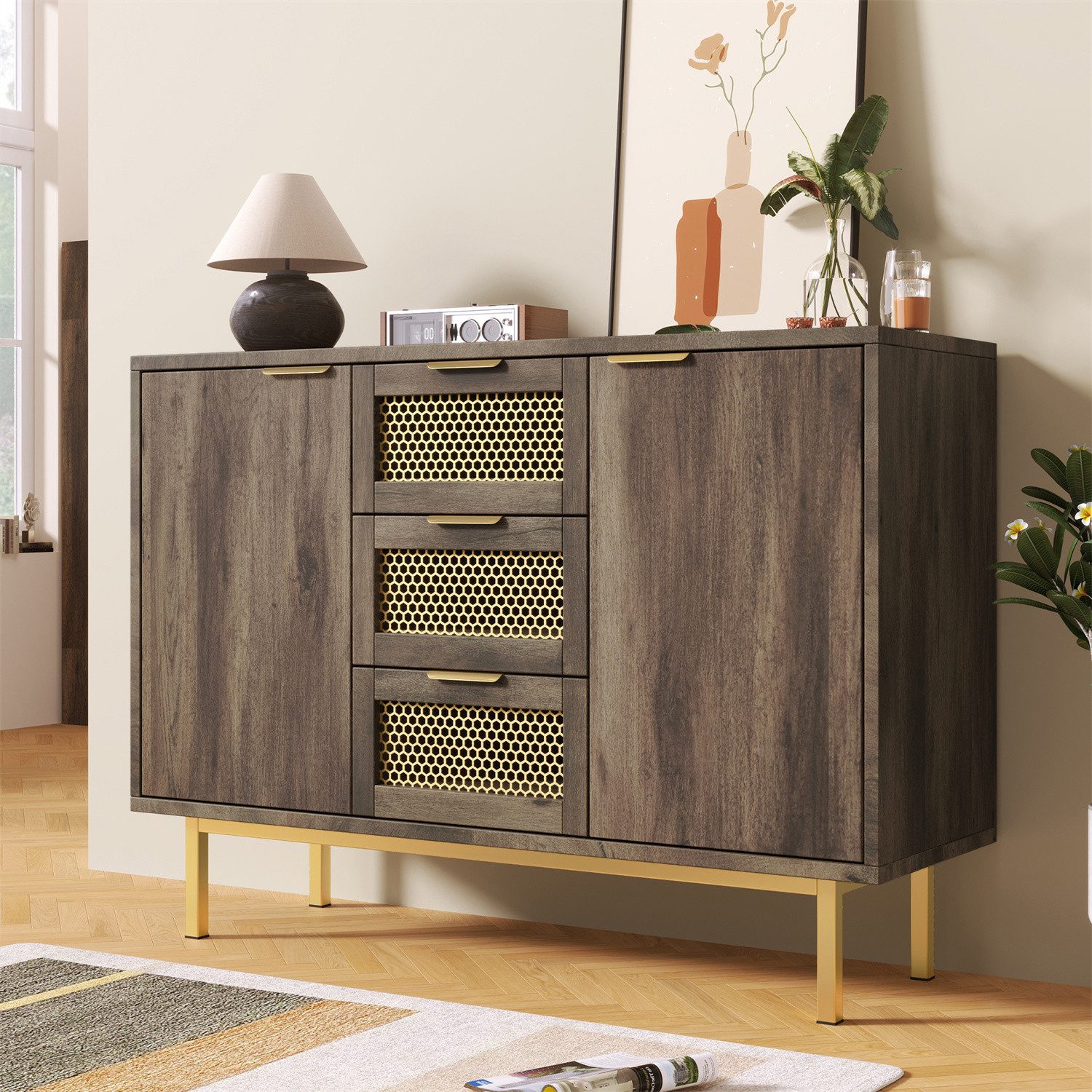 Sideboard Sideboard-Schrank Kommode mit 3 Schubladen und 2 Türen