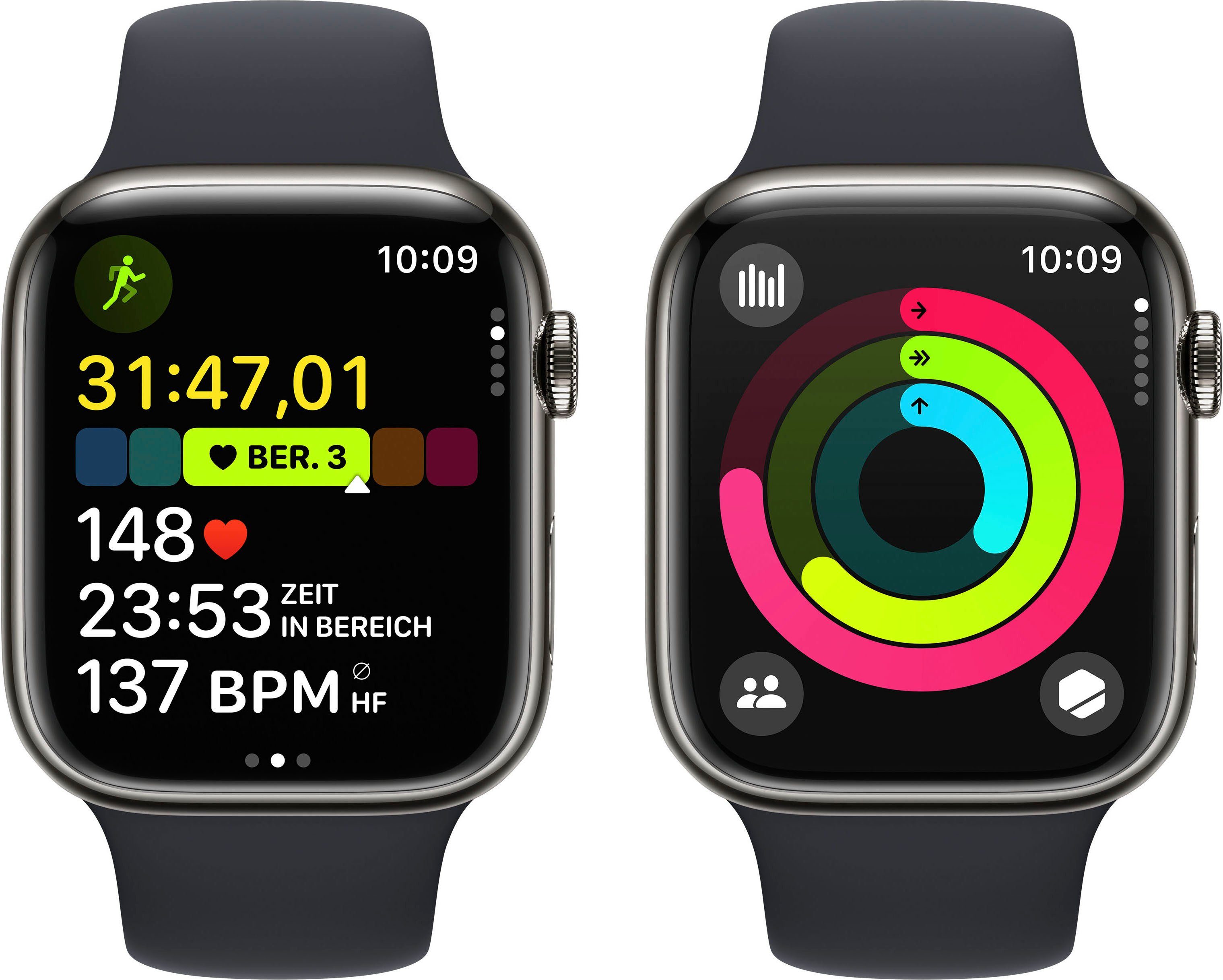 cm/1,77 9 Stainless Zoll, Sport Midnight Watch Series Band GPS Watch Cellular (4,5 OS Smartwatch Steel | + graphite 10), Apple M/L 45mm