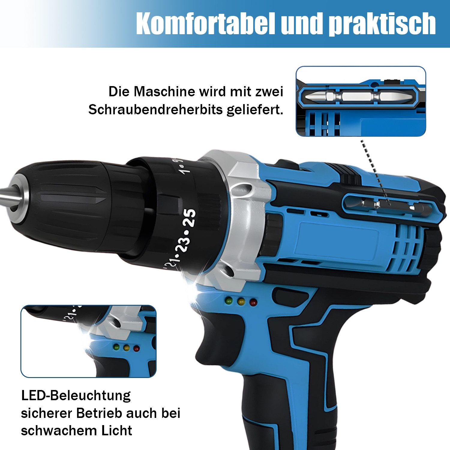 AKKEE Akku-Bohrschrauber Akkuschrauber und Bohrschrauber, Akku-Schrauber, Akkuschrauber Set, max. 1850 U/min, mit 2 x 2000mAh Akkus – Bild 5 von 5