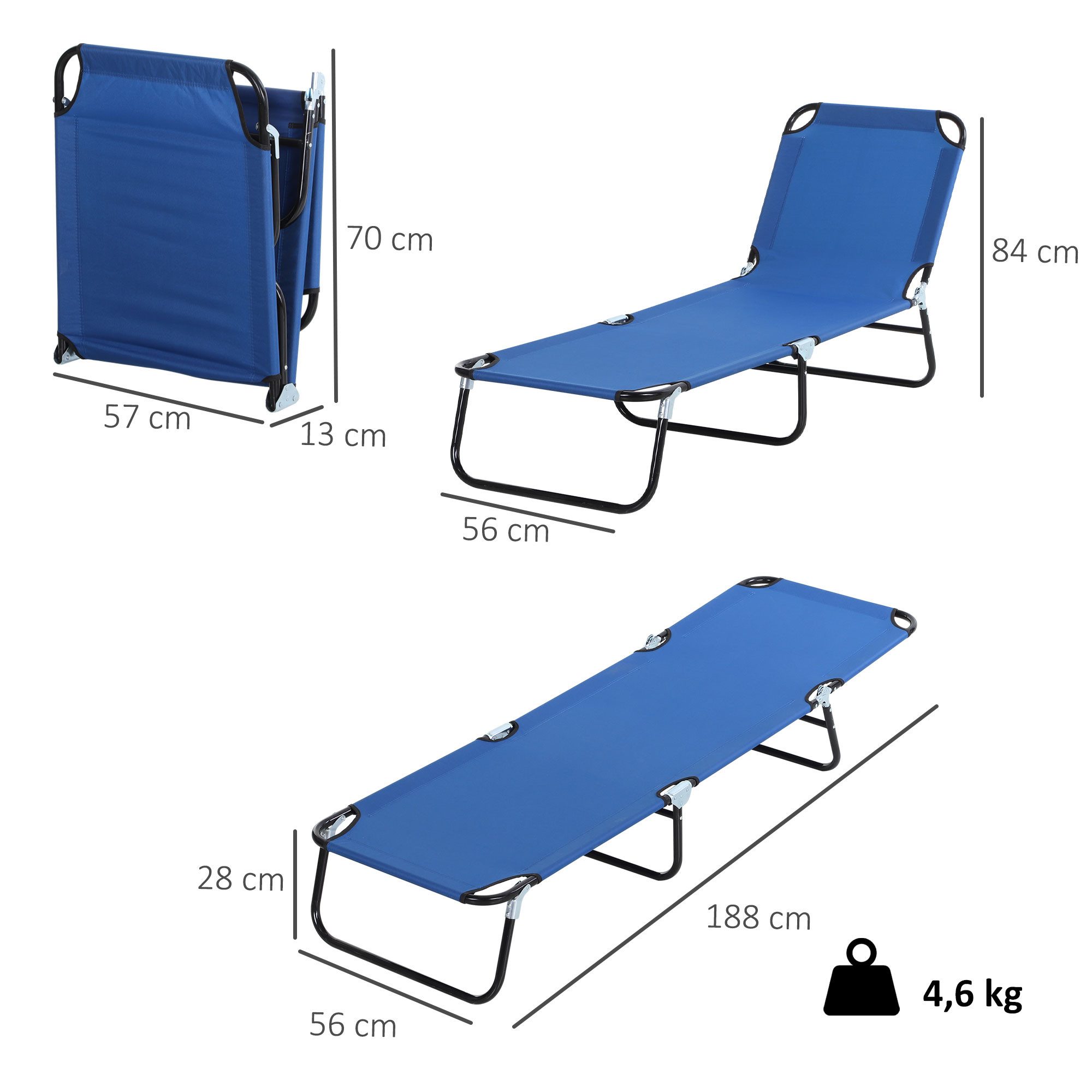 Outsunny Gartenliege Sonnenliege klappbar, wetterfeste Gartenstuhl bis 120 kg belastbar, Campingliege, 1 St., Liegestuhl, für Garten, Balkon, Stahl, 188 x 56 x 28cm