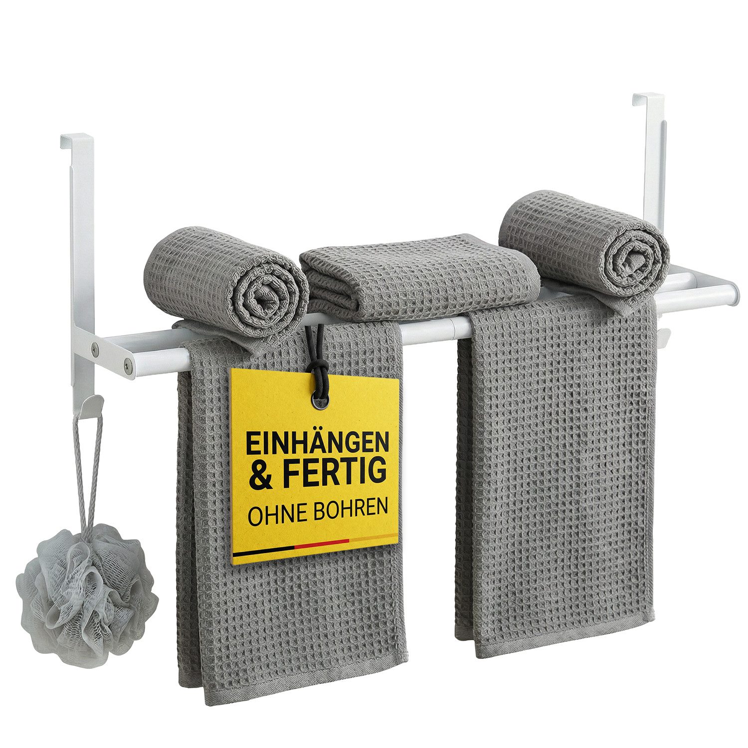 MDCASA Handtuchstange I Stabiler Handtuchhalter ohne Bohren für alle gängigen Türen, Längenverstellbar 43 bis 80 cm, inkl. Kratzschutz