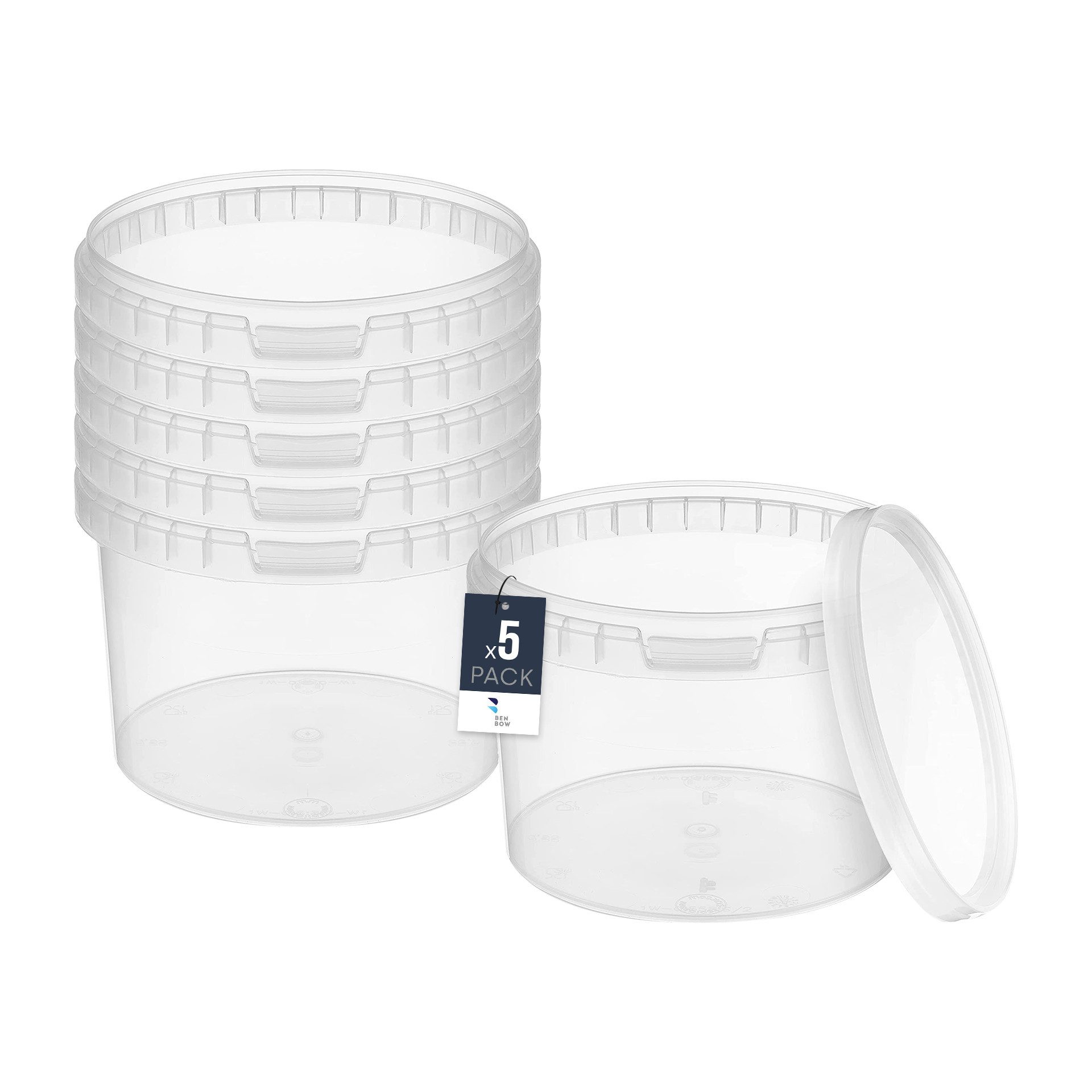 BENBOW Aufbewahrungssystem Eimer mit Deckel 30 20 10 5 3 1 0,5 L Transparent Lebensmittelecht, Polypropylen - Lebensmittelecht, Geschmacksneutral, Auslaufsicher, (5-tlg., PZH-, BRC- und DIN-ISO-zertifiziert), für Lebensmittel, Farben, Chemikalien